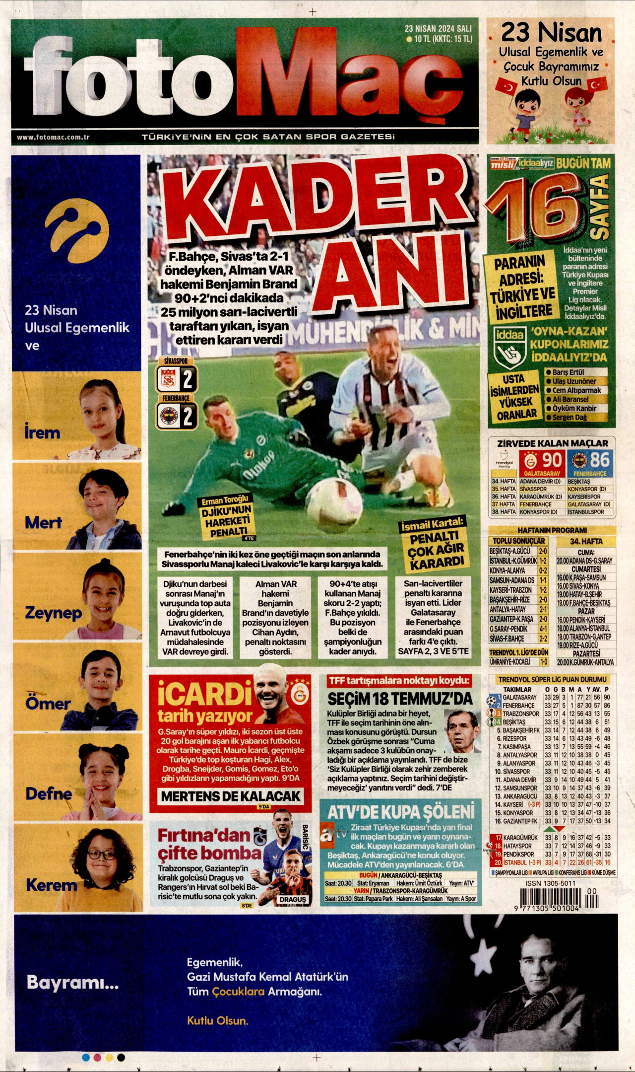 FOTOMAÇ gazetesinin 23 Nisan 2024 tarihli birinci sayfası