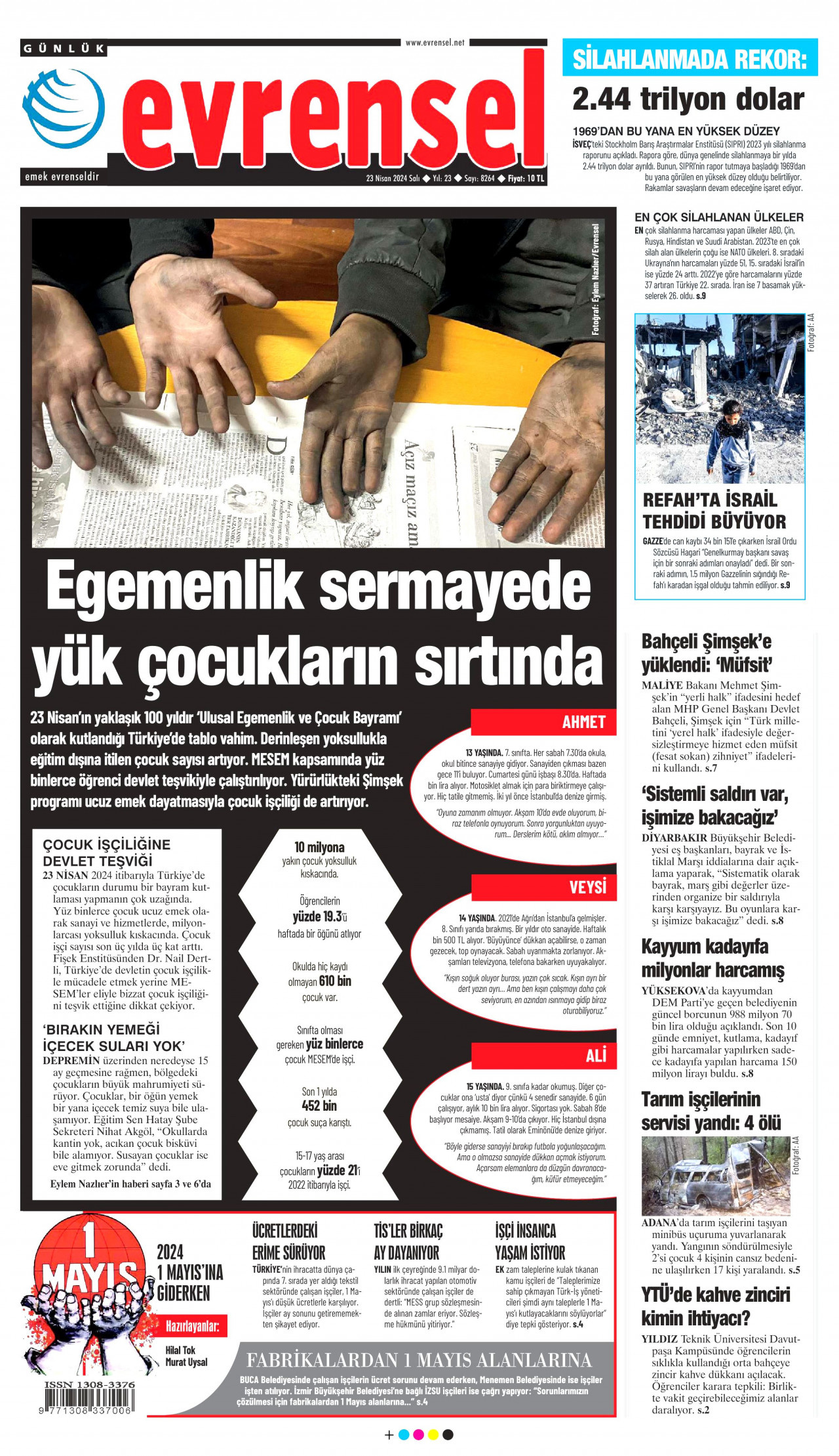 EVRENSEL gazetesinin 23 Nisan 2024 tarihli birinci sayfası