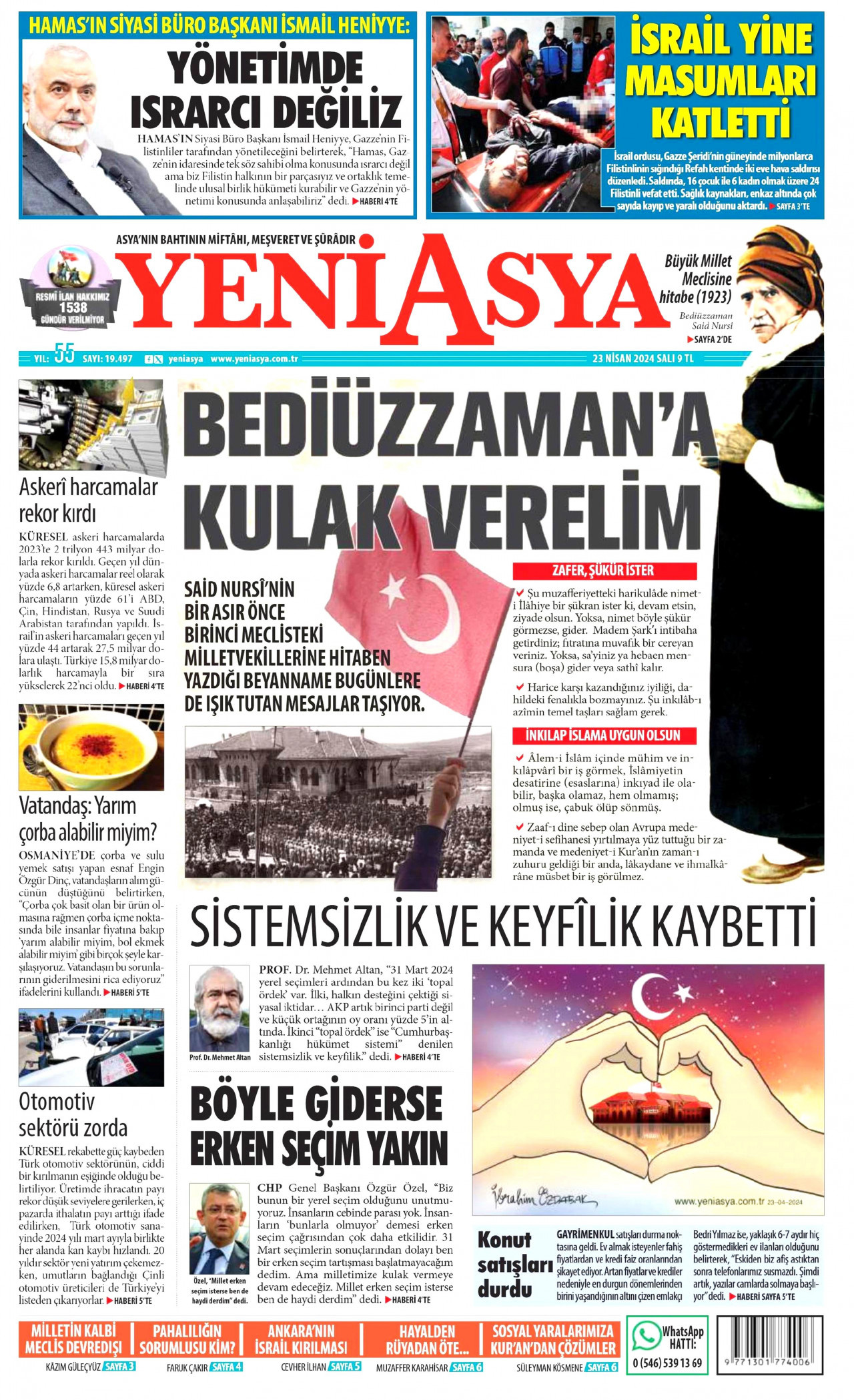 YENİ ASYA gazetesinin 23 Nisan 2024 tarihli birinci sayfası