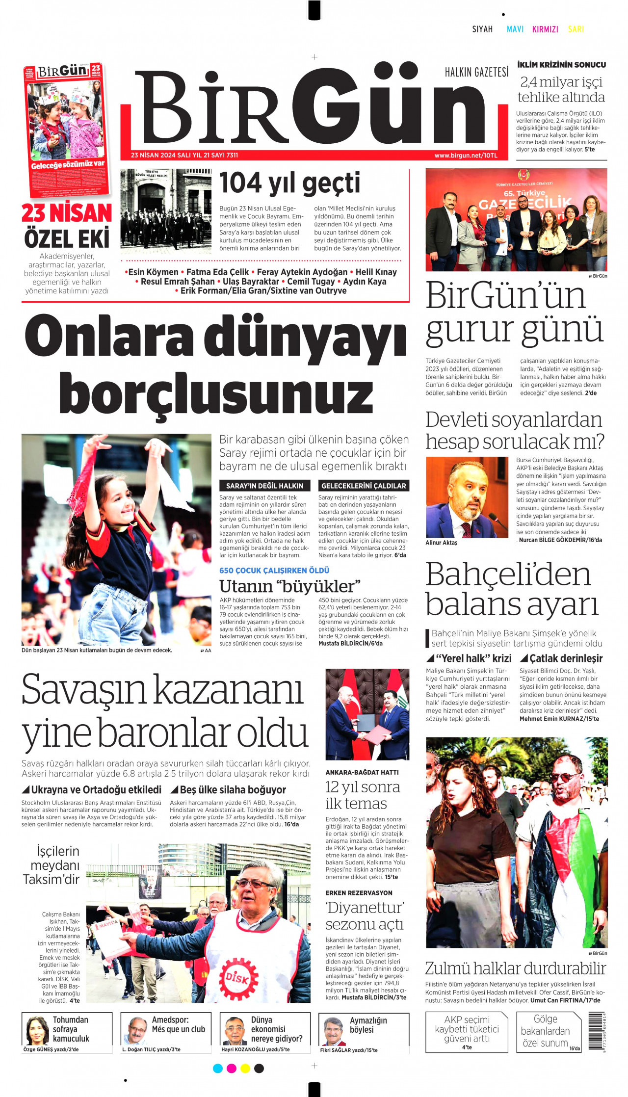 BİRGÜN gazetesinin 23 Nisan 2024 tarihli birinci sayfası