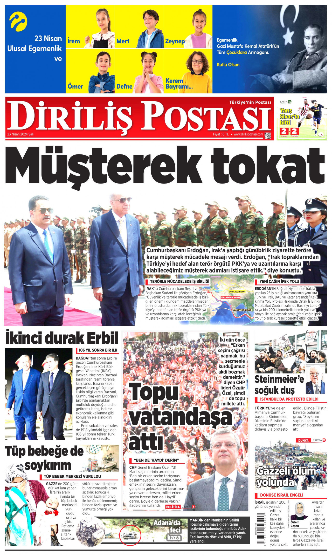 DİRİLİŞ POSTASI gazetesinin 23 Nisan 2024 tarihli birinci sayfası