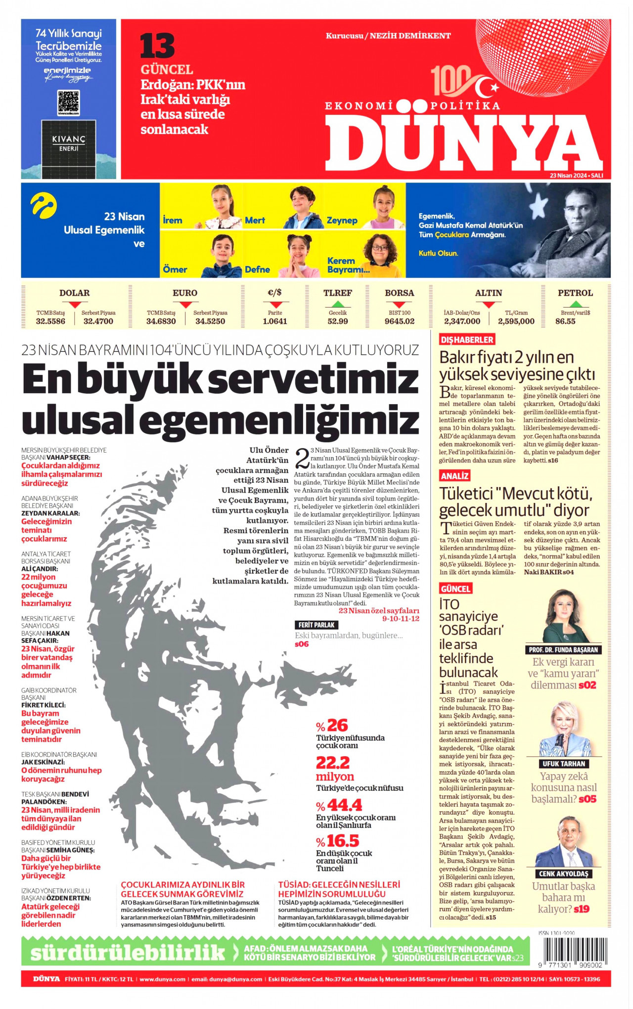 DÜNYA gazetesinin 23 Nisan 2024 tarihli birinci sayfası