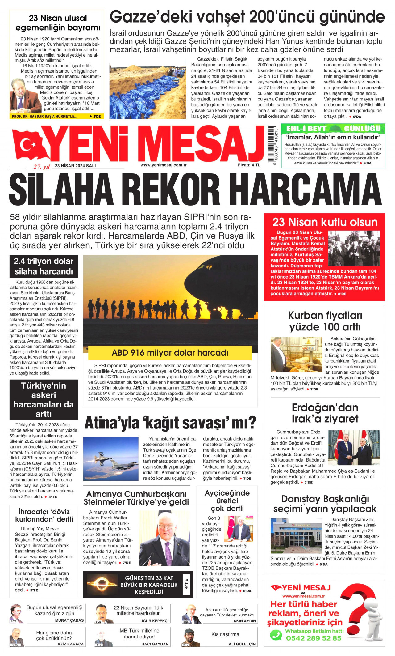 YENİ MESAJ gazetesinin 23 Nisan 2024 tarihli birinci sayfası