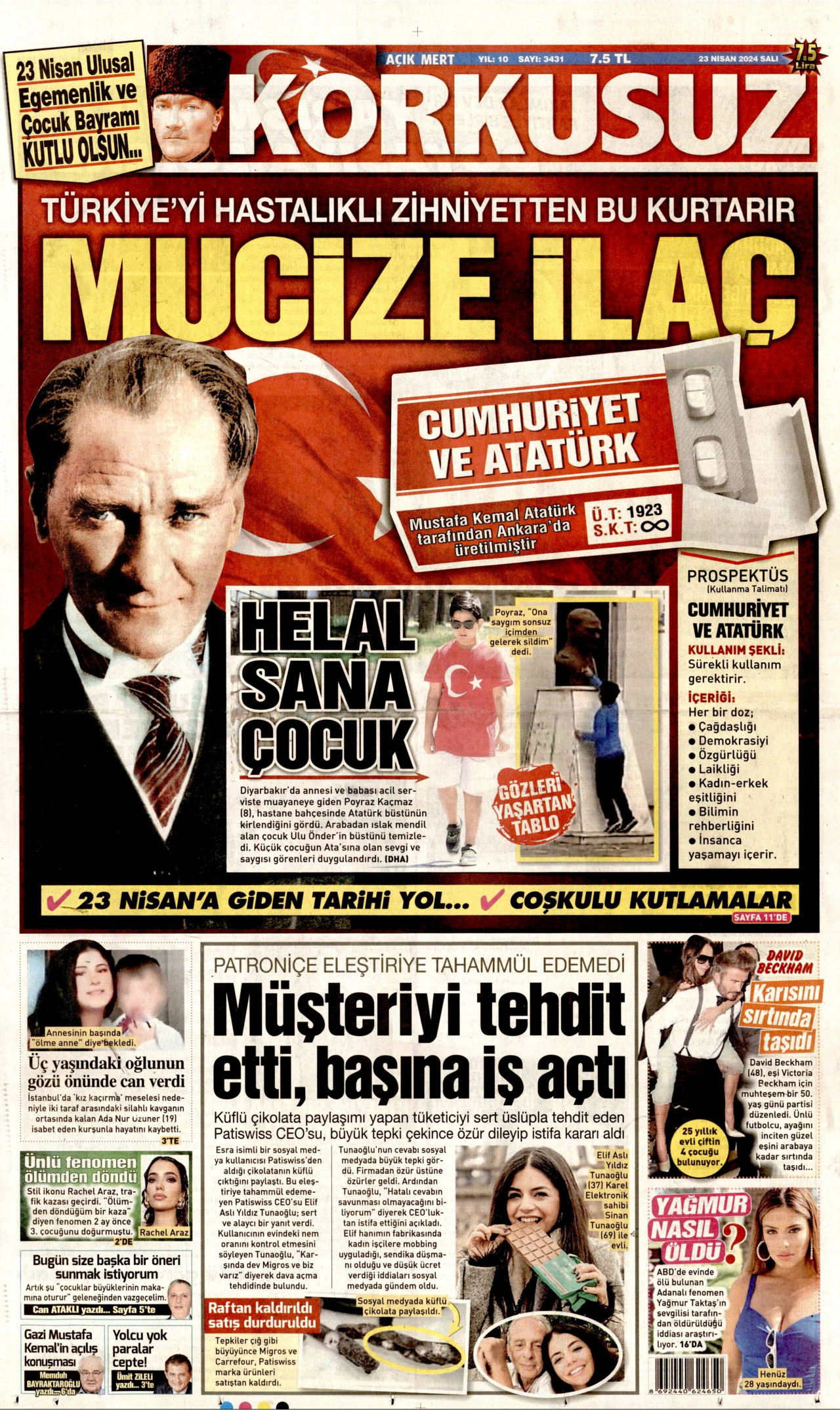 KORKUSUZ gazetesinin 23 Nisan 2024 tarihli birinci sayfası