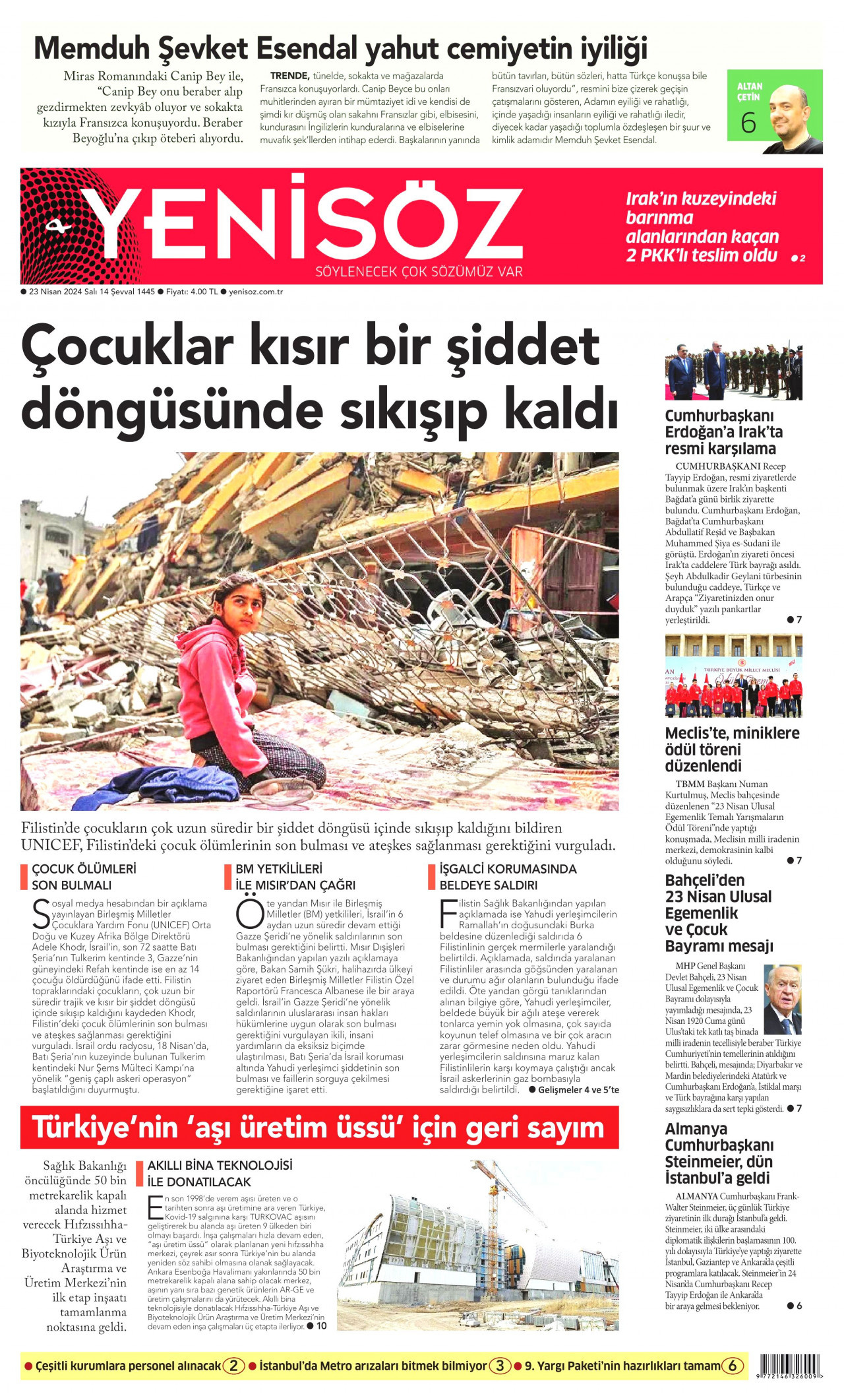 YENİ SÖZ GAZETESİ gazetesinin 23 Nisan 2024 tarihli birinci sayfası