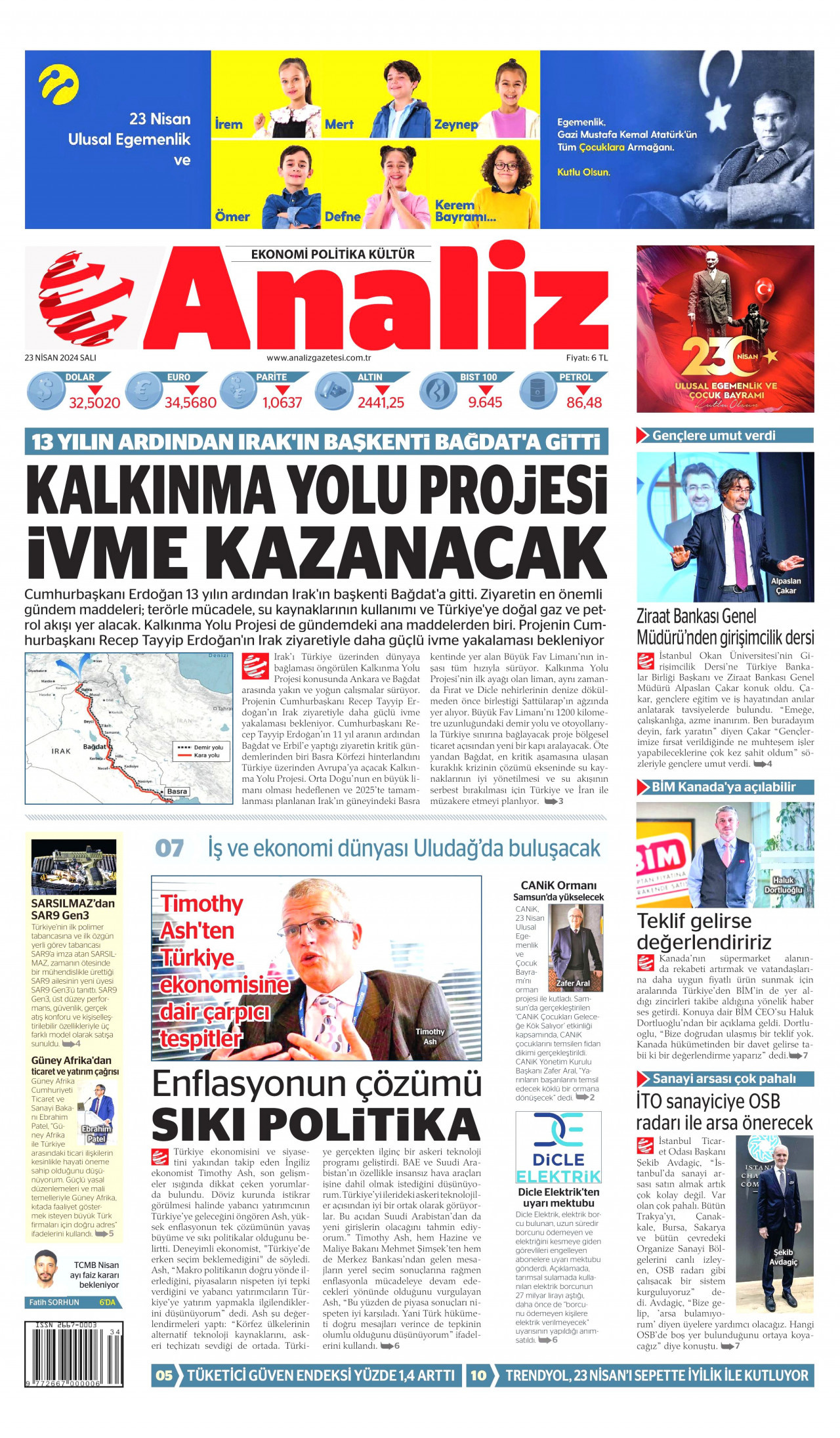 ANALİZ gazetesinin 23 Nisan 2024 tarihli birinci sayfası