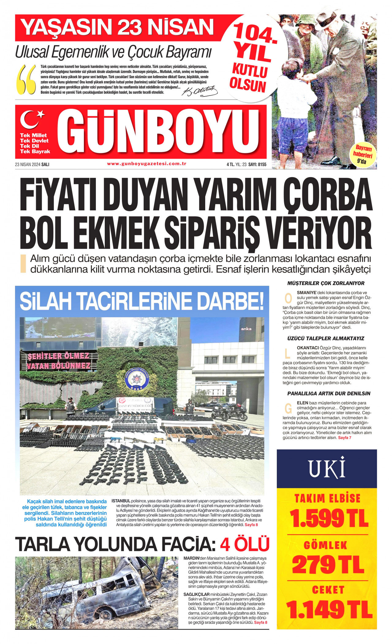 GÜNBOYU gazetesinin 23 Nisan 2024 tarihli birinci sayfası