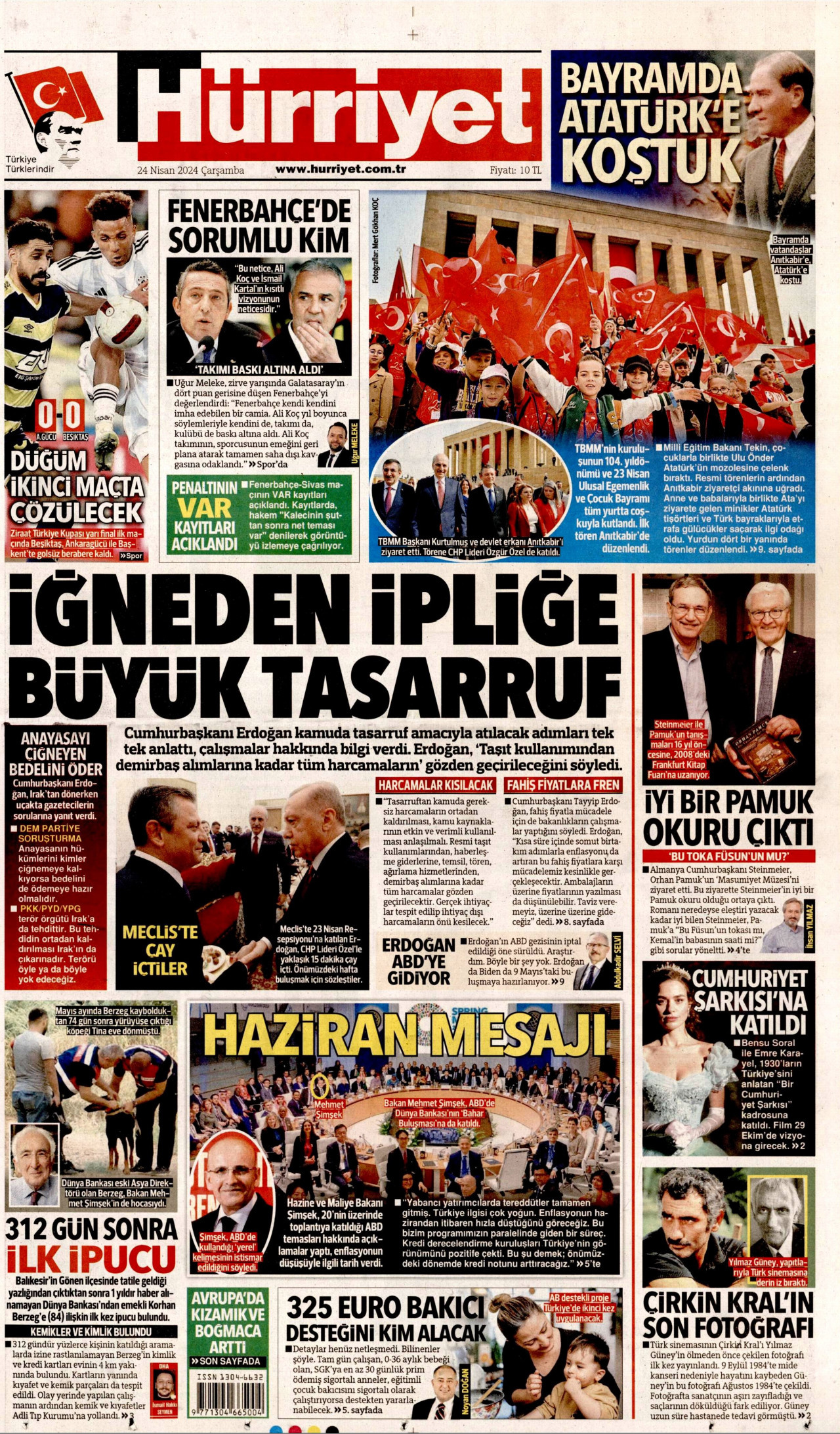 HÜRRİYET gazetesinin 24 Nisan 2024 tarihli birinci sayfası
