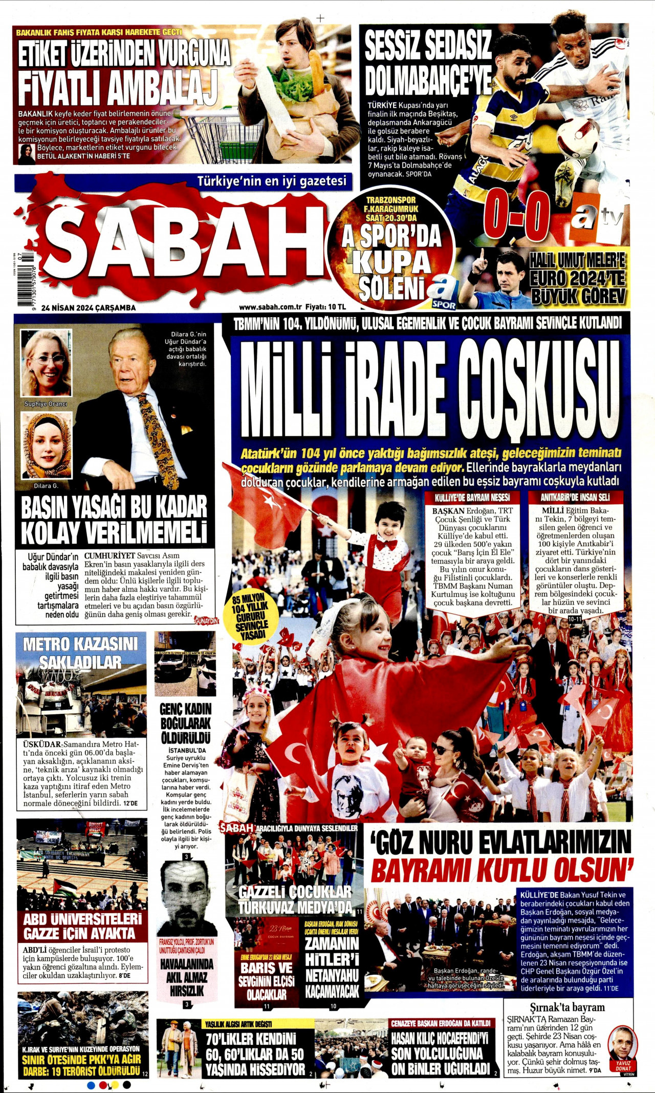SABAH gazetesinin 24 Nisan 2024 tarihli birinci sayfası