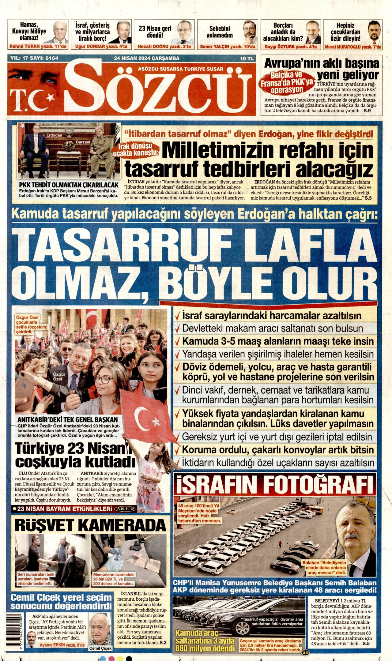 SÖZCÜ gazetesinin 24 Nisan 2024 tarihli birinci sayfası