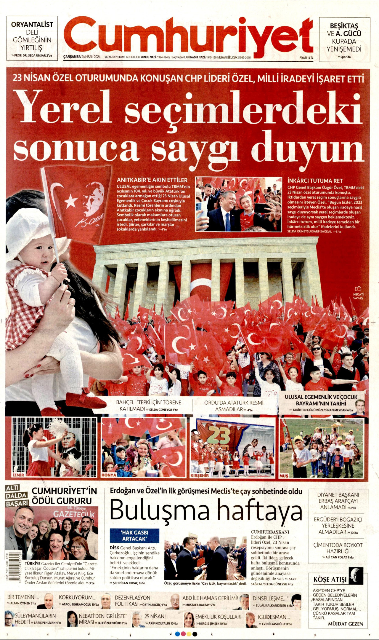 CUMHURİYET gazetesinin 24 Nisan 2024 tarihli birinci sayfası