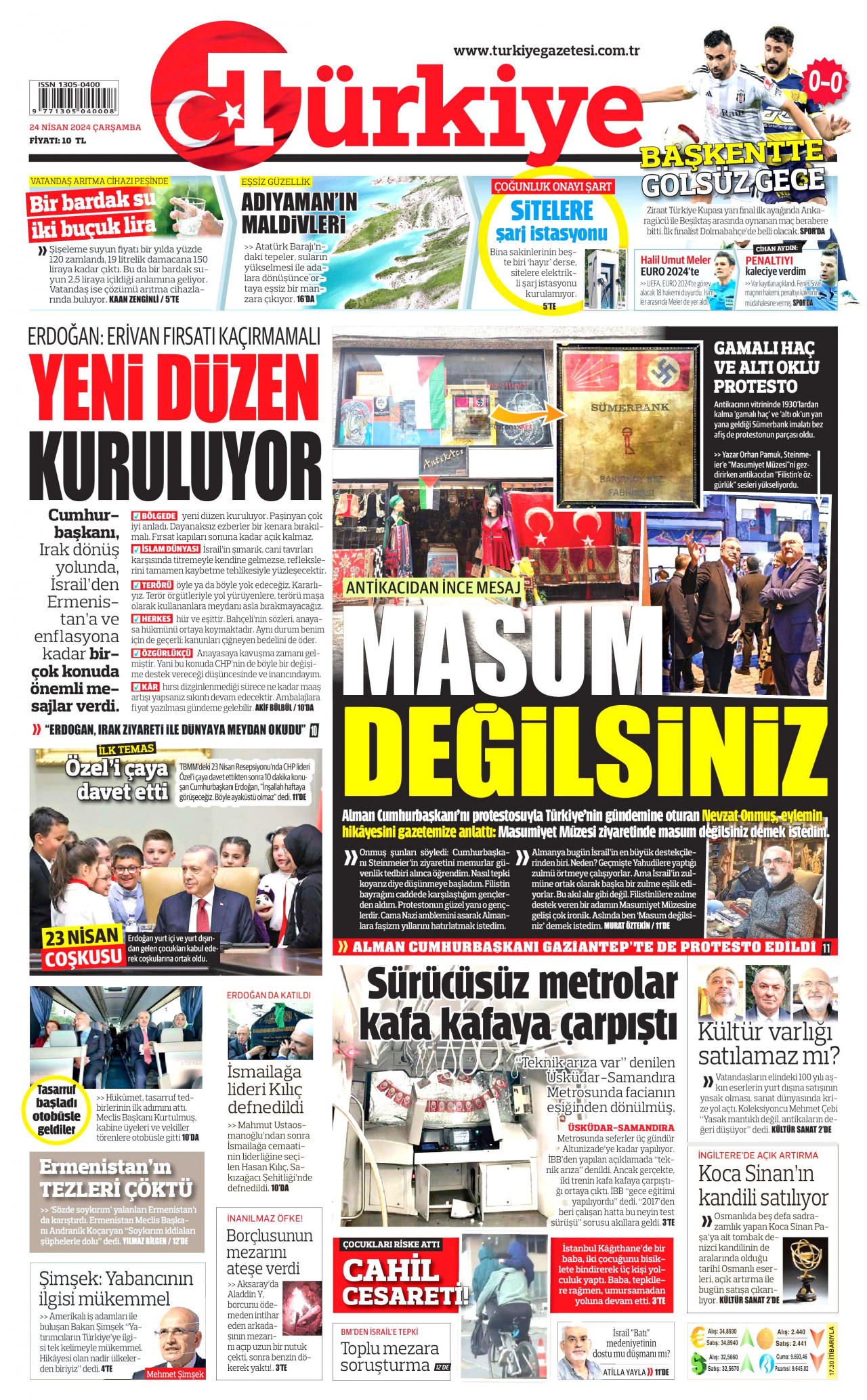 TÜRKİYE GAZETESİ gazetesinin 24 Nisan 2024 tarihli birinci sayfası