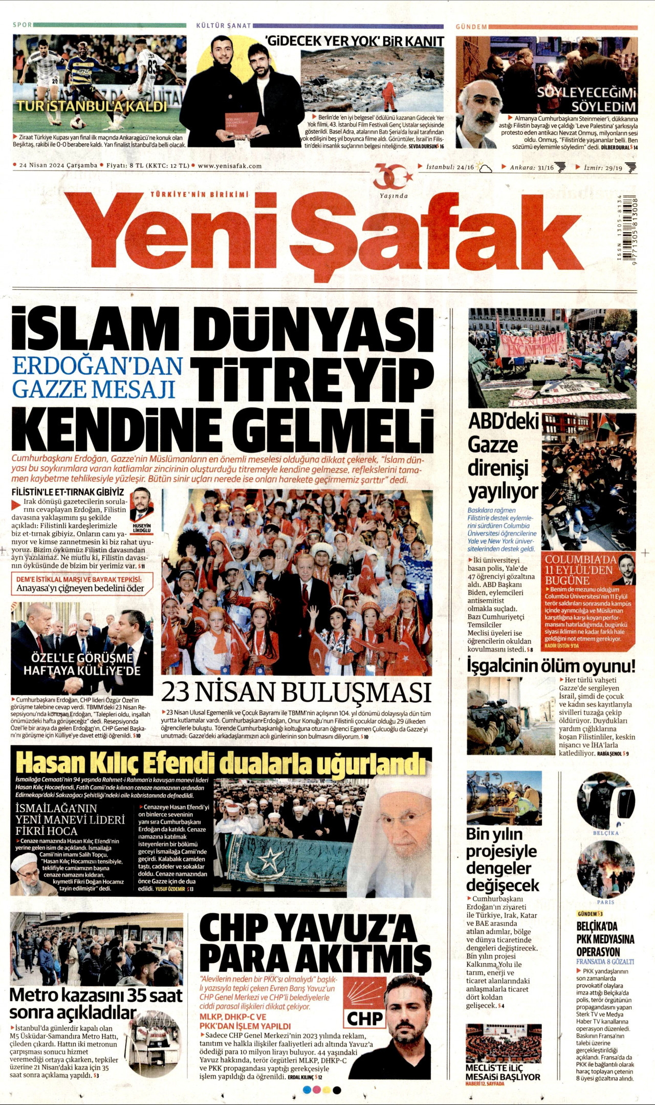 YENİ ŞAFAK gazetesinin 24 Nisan 2024 tarihli birinci sayfası