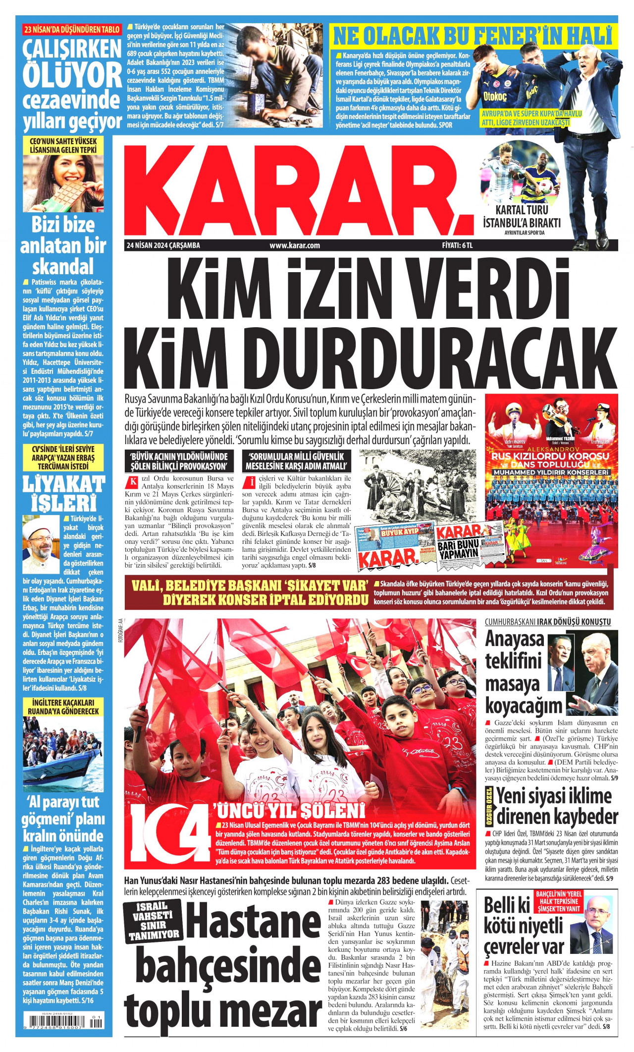 KARAR gazetesinin 24 Nisan 2024 tarihli birinci sayfası
