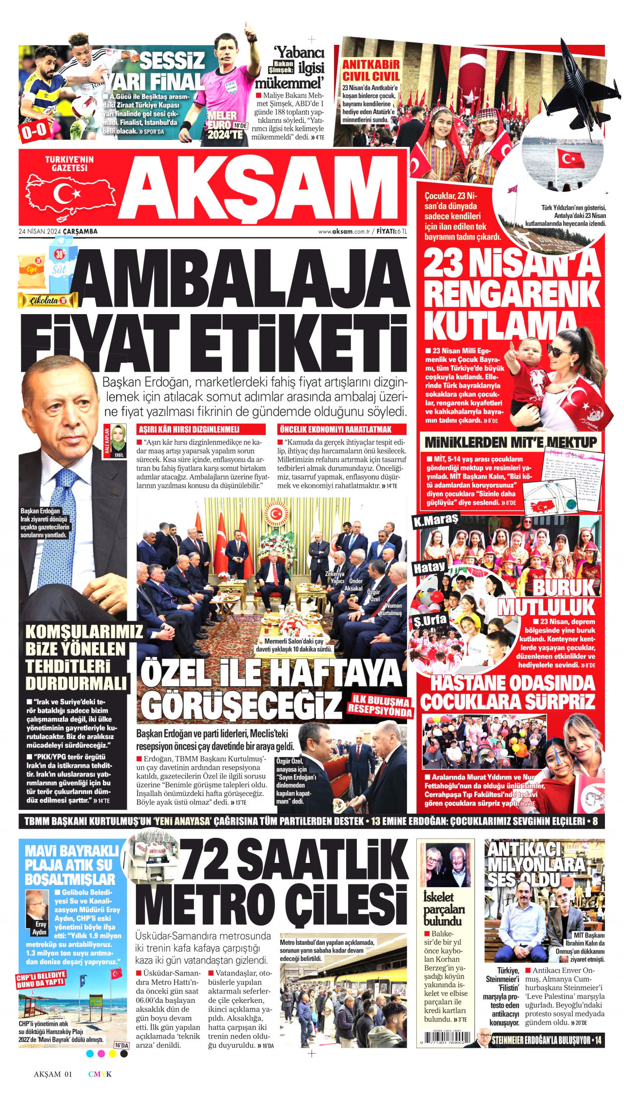 AKŞAM gazetesinin 24 Nisan 2024 tarihli birinci sayfası