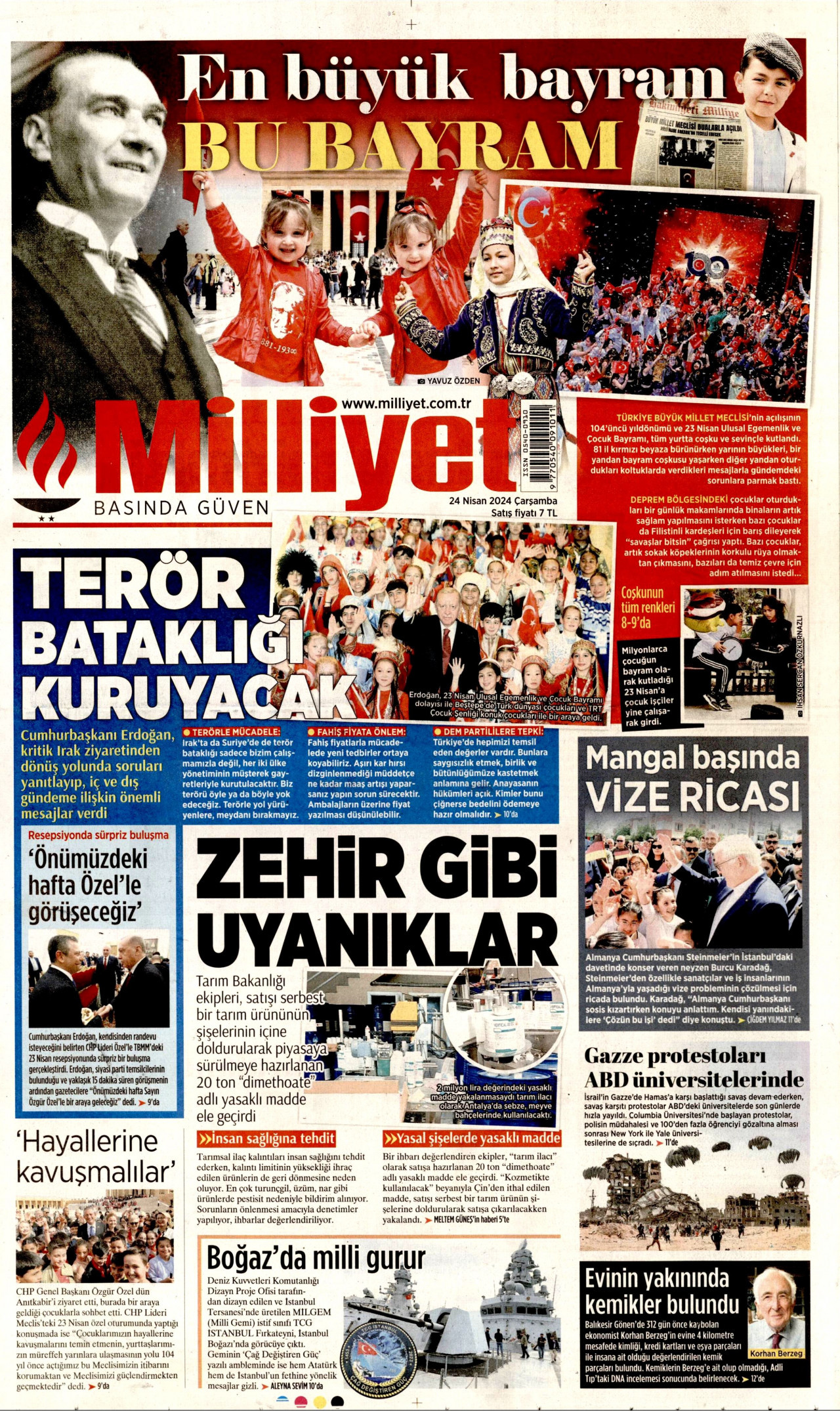MİLLİYET gazetesinin 24 Nisan 2024 tarihli birinci sayfası