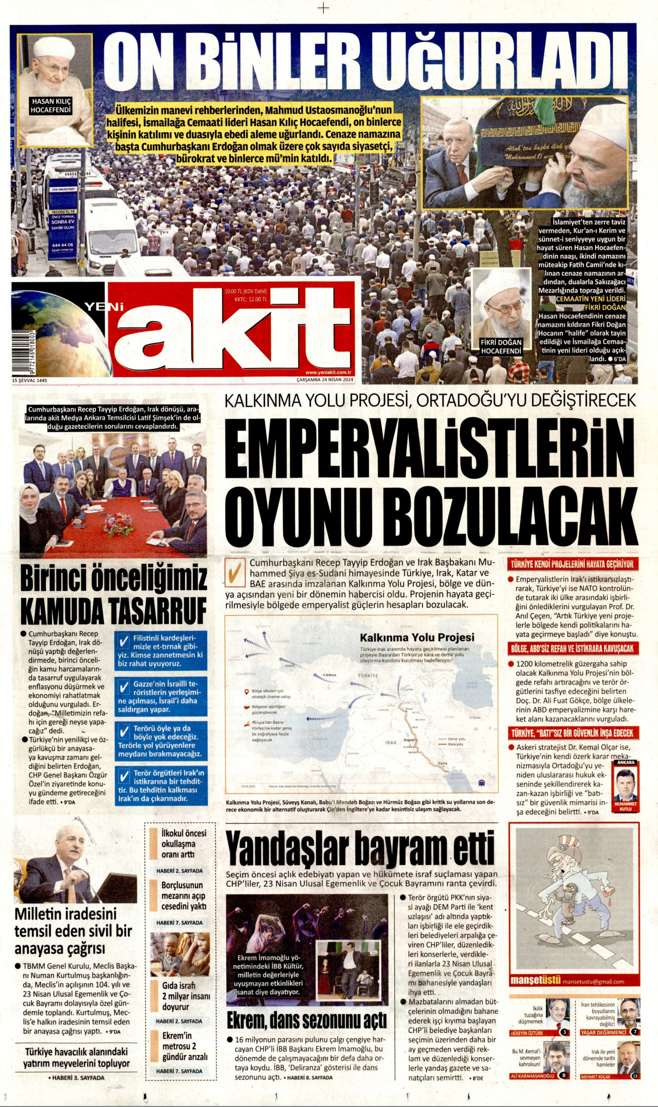 YENİ AKİT gazetesinin 24 Nisan 2024 tarihli birinci sayfası
