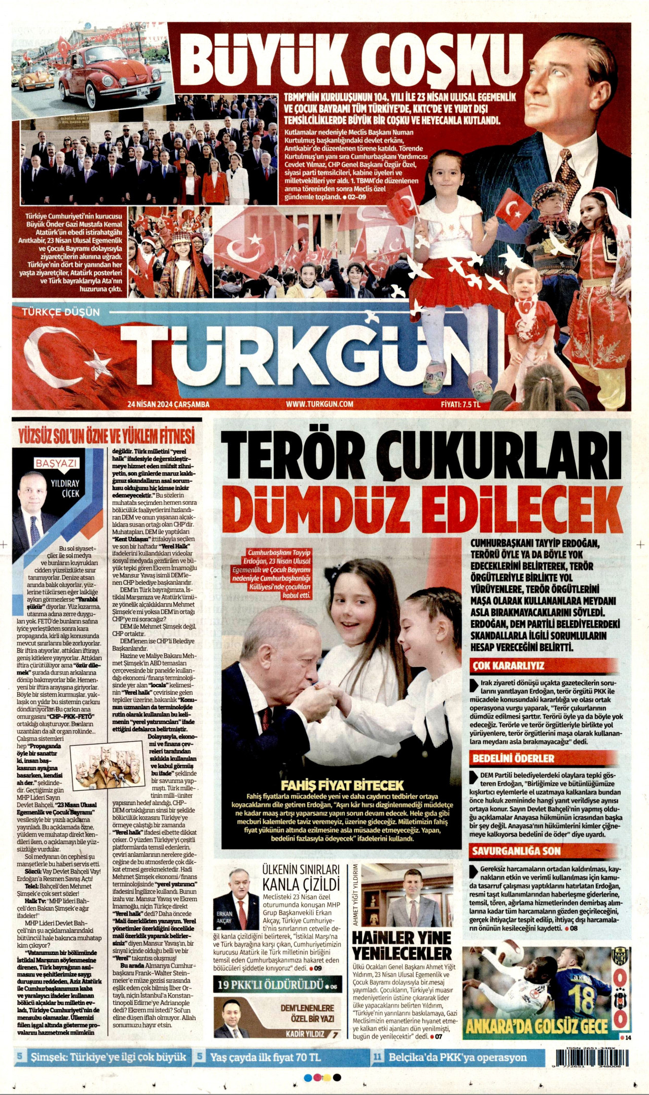 TÜRKGÜN gazetesinin 24 Nisan 2024 tarihli birinci sayfası
