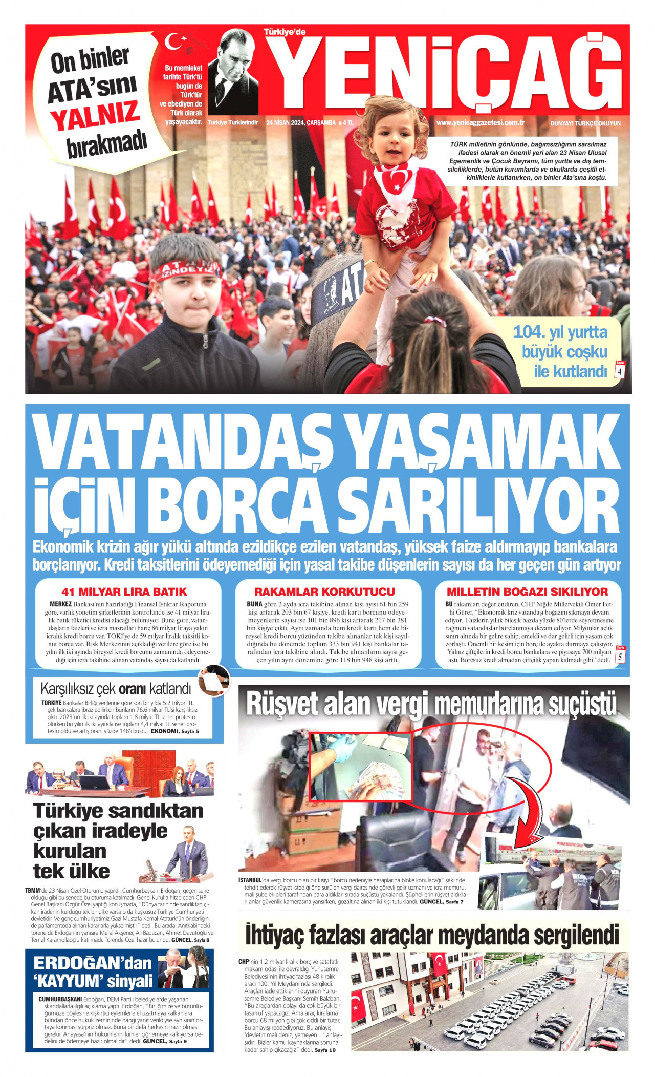 YENİÇAĞ gazetesinin 24 Nisan 2024 tarihli birinci sayfası