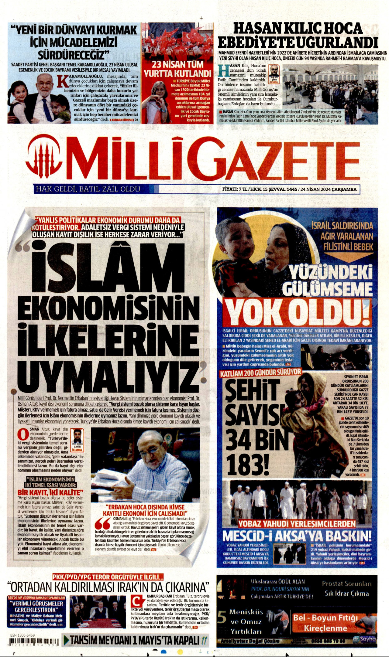 MİLLİ GAZETE gazetesinin 24 Nisan 2024 tarihli birinci sayfası