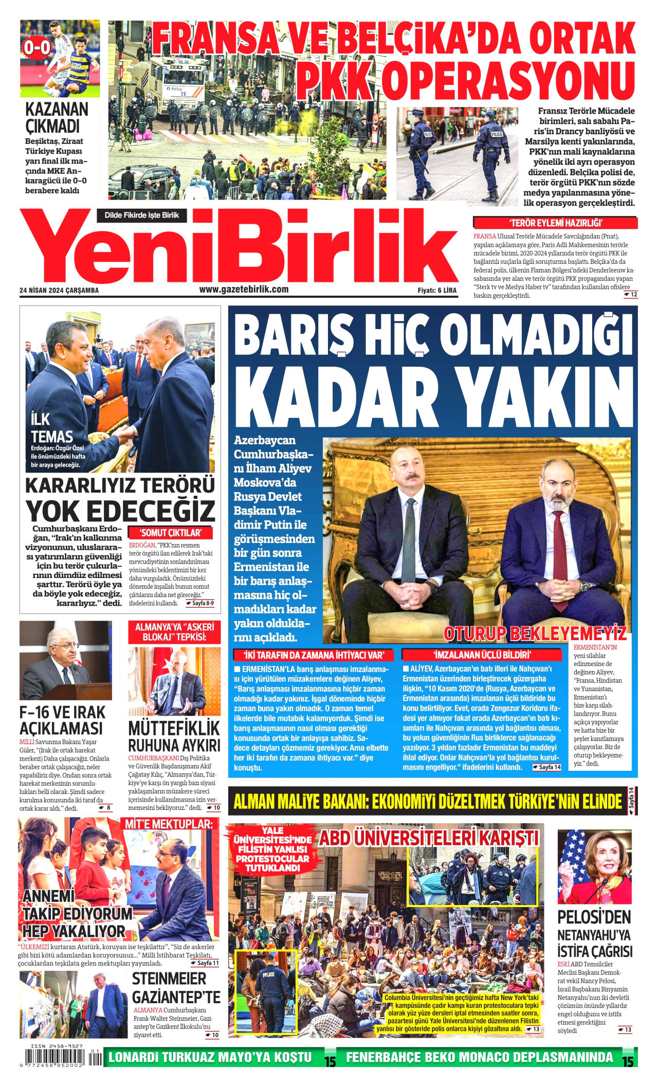YENİBİRLİK gazetesinin 24 Nisan 2024 tarihli birinci sayfası