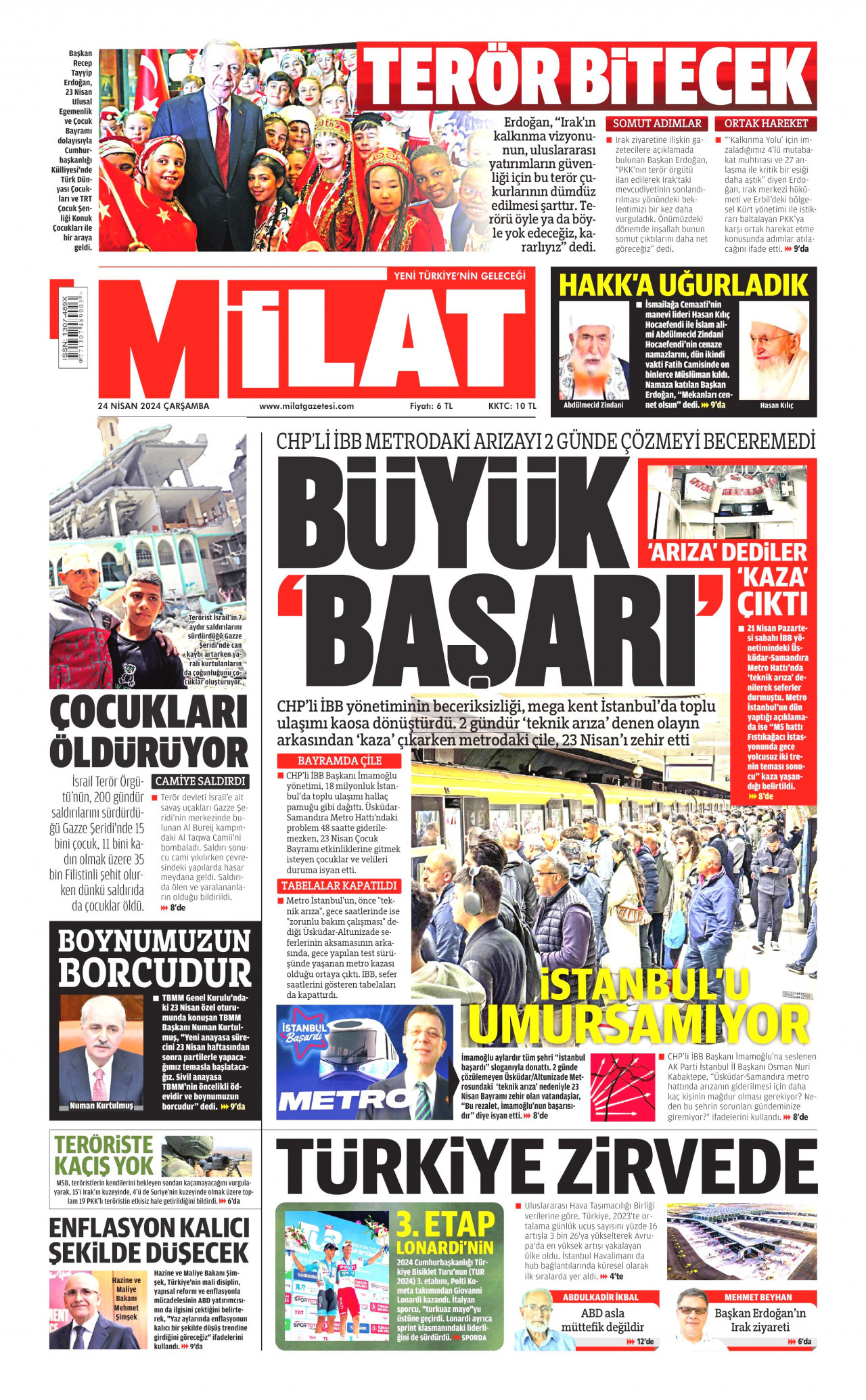 MİLAT gazetesinin 24 Nisan 2024 tarihli birinci sayfası