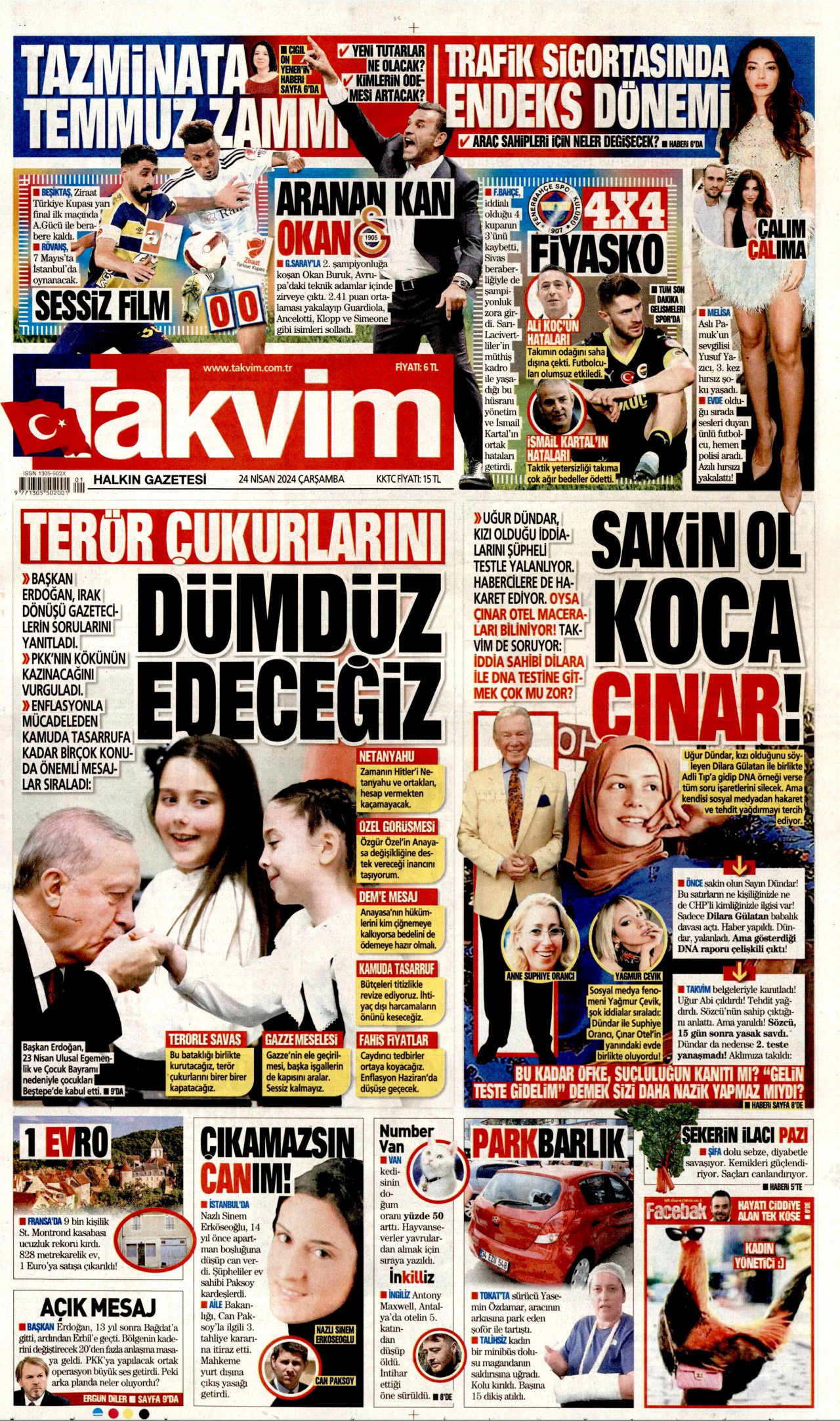 TAKVİM gazetesinin 24 Nisan 2024 tarihli birinci sayfası