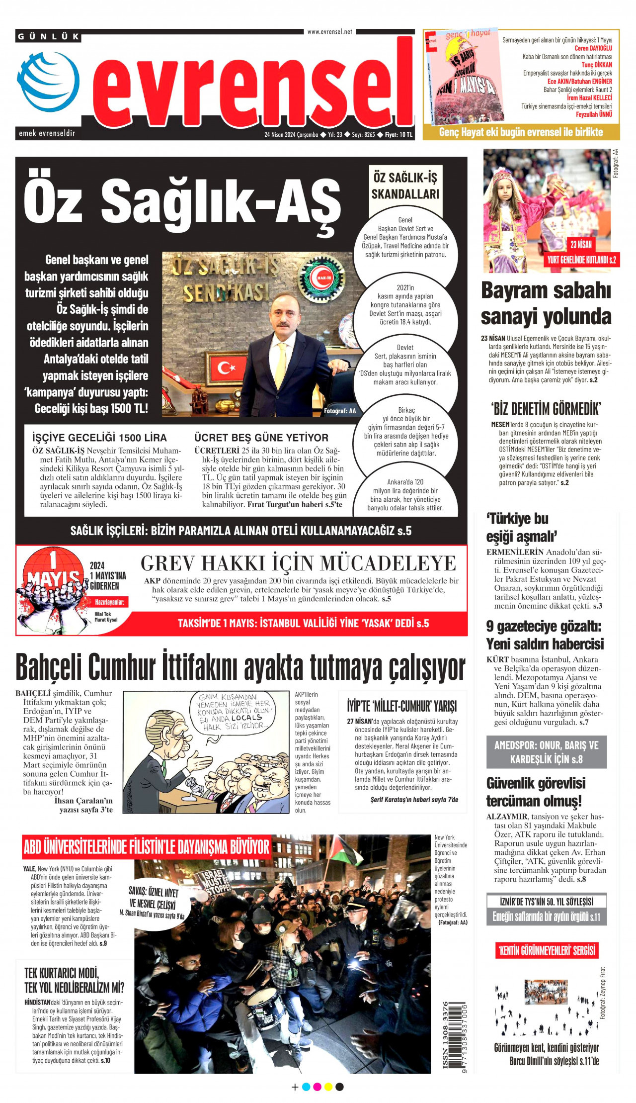 EVRENSEL gazetesinin 24 Nisan 2024 tarihli birinci sayfası