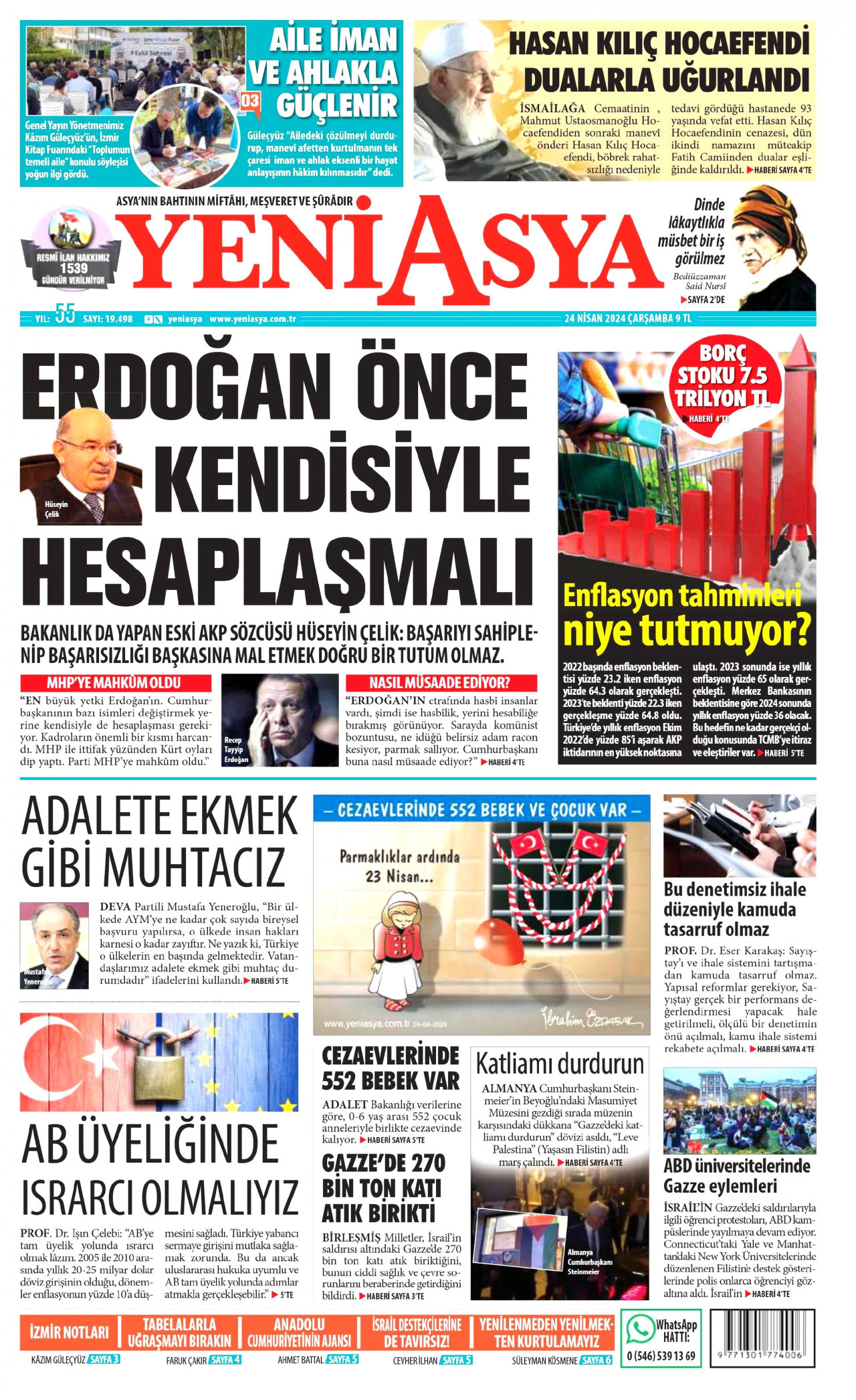 YENİ ASYA gazetesinin 24 Nisan 2024 tarihli birinci sayfası