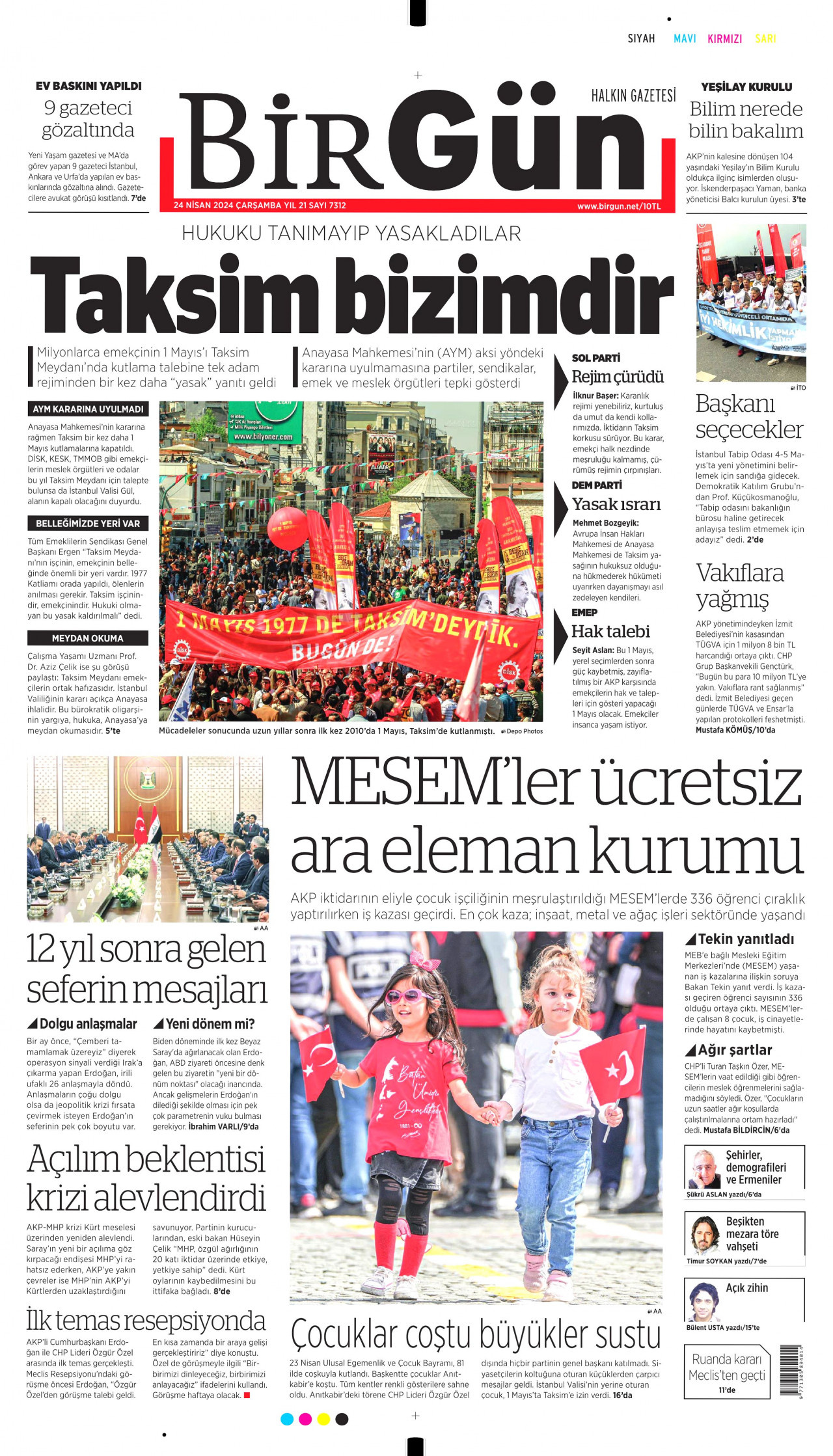 BİRGÜN gazetesinin 24 Nisan 2024 tarihli birinci sayfası
