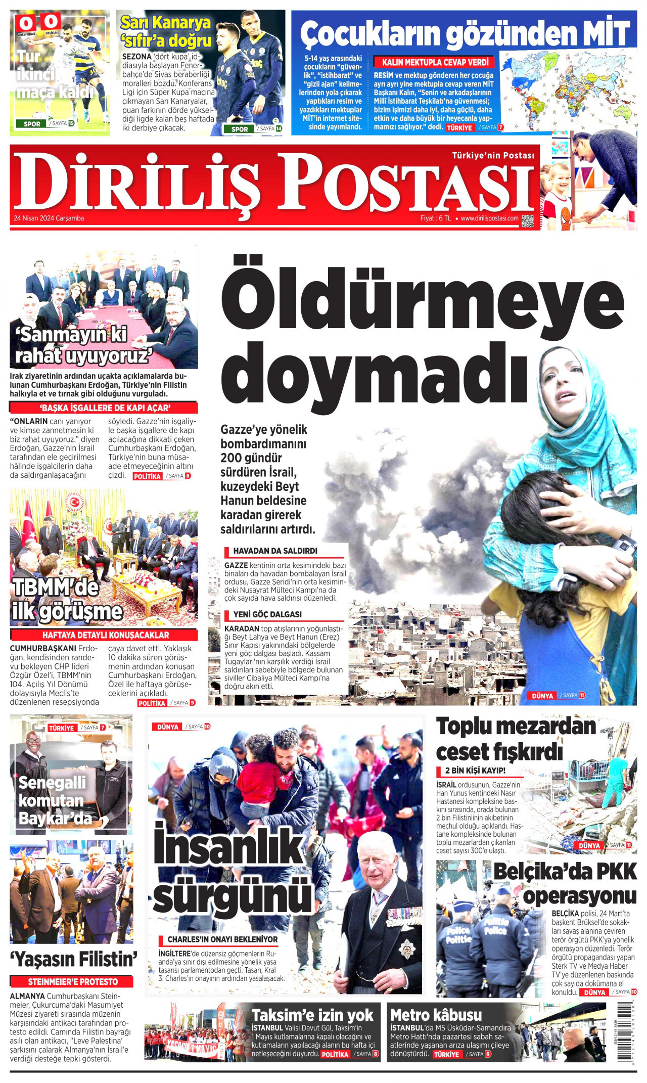 DİRİLİŞ POSTASI gazetesinin 24 Nisan 2024 tarihli birinci sayfası