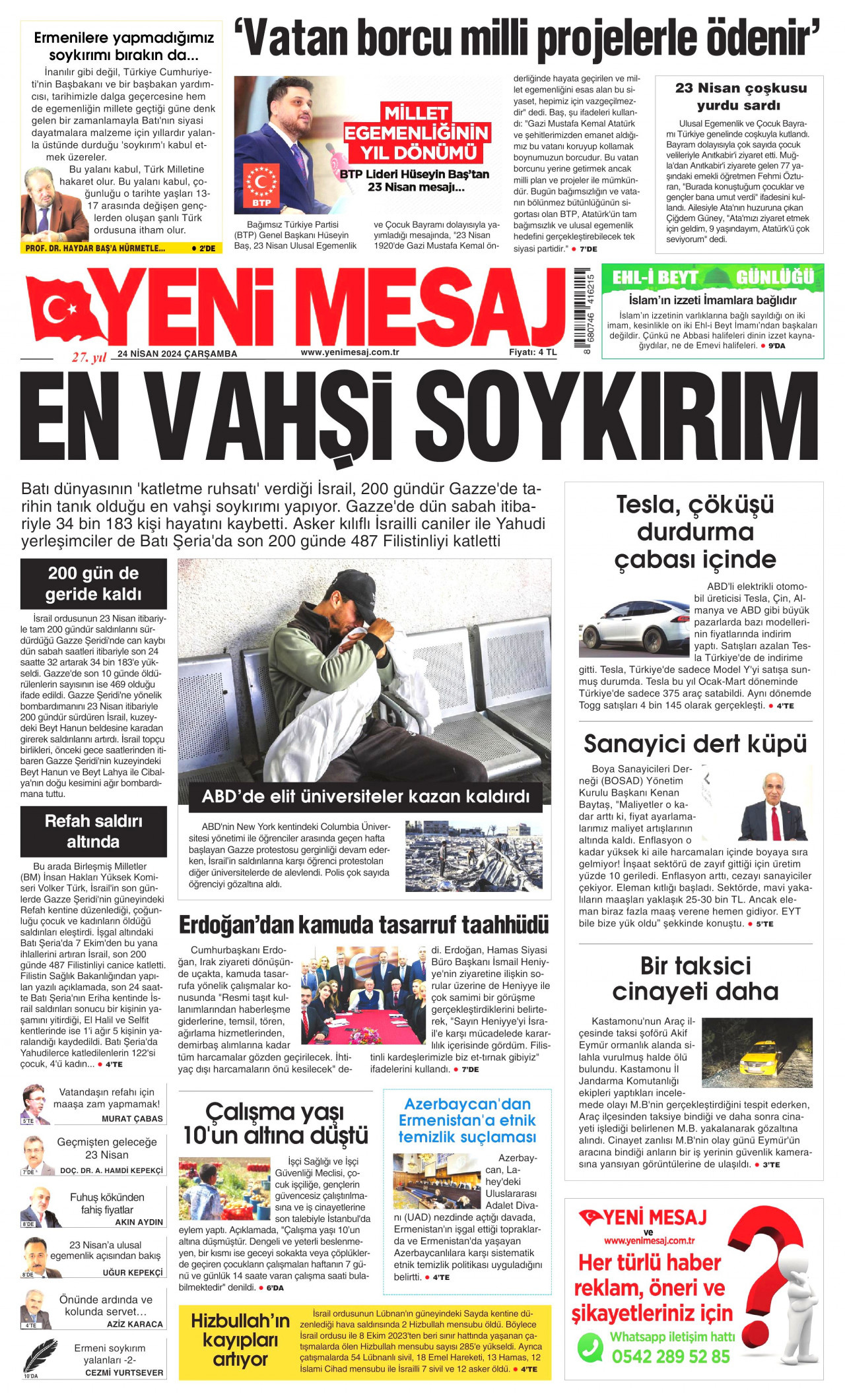YENİ MESAJ gazetesinin 24 Nisan 2024 tarihli birinci sayfası