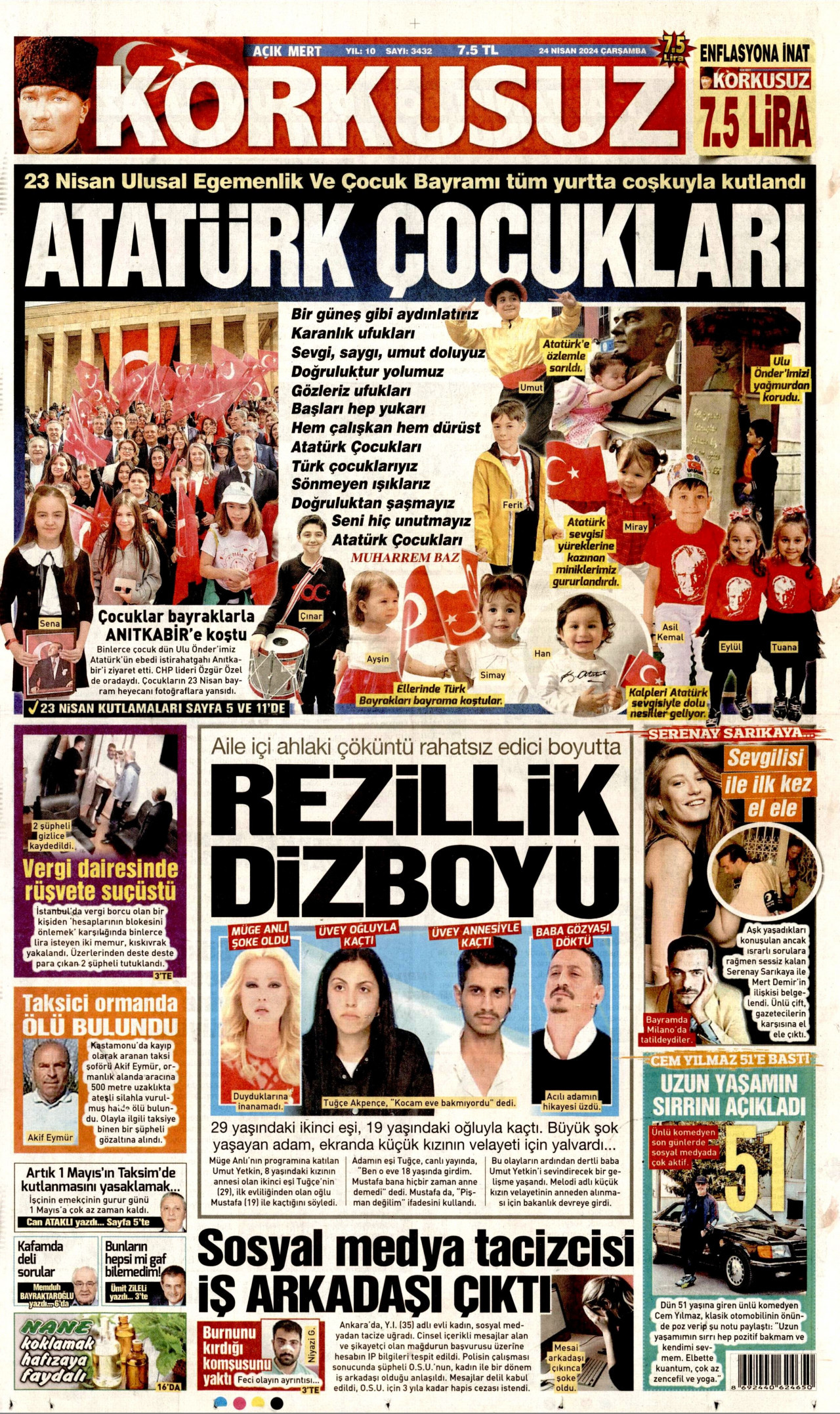 KORKUSUZ gazetesinin 24 Nisan 2024 tarihli birinci sayfası