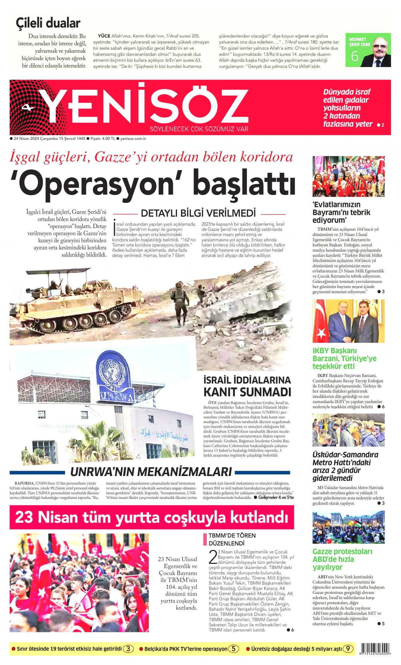 YENİ SÖZ GAZETESİ gazetesinin 24 Nisan 2024 tarihli birinci sayfası