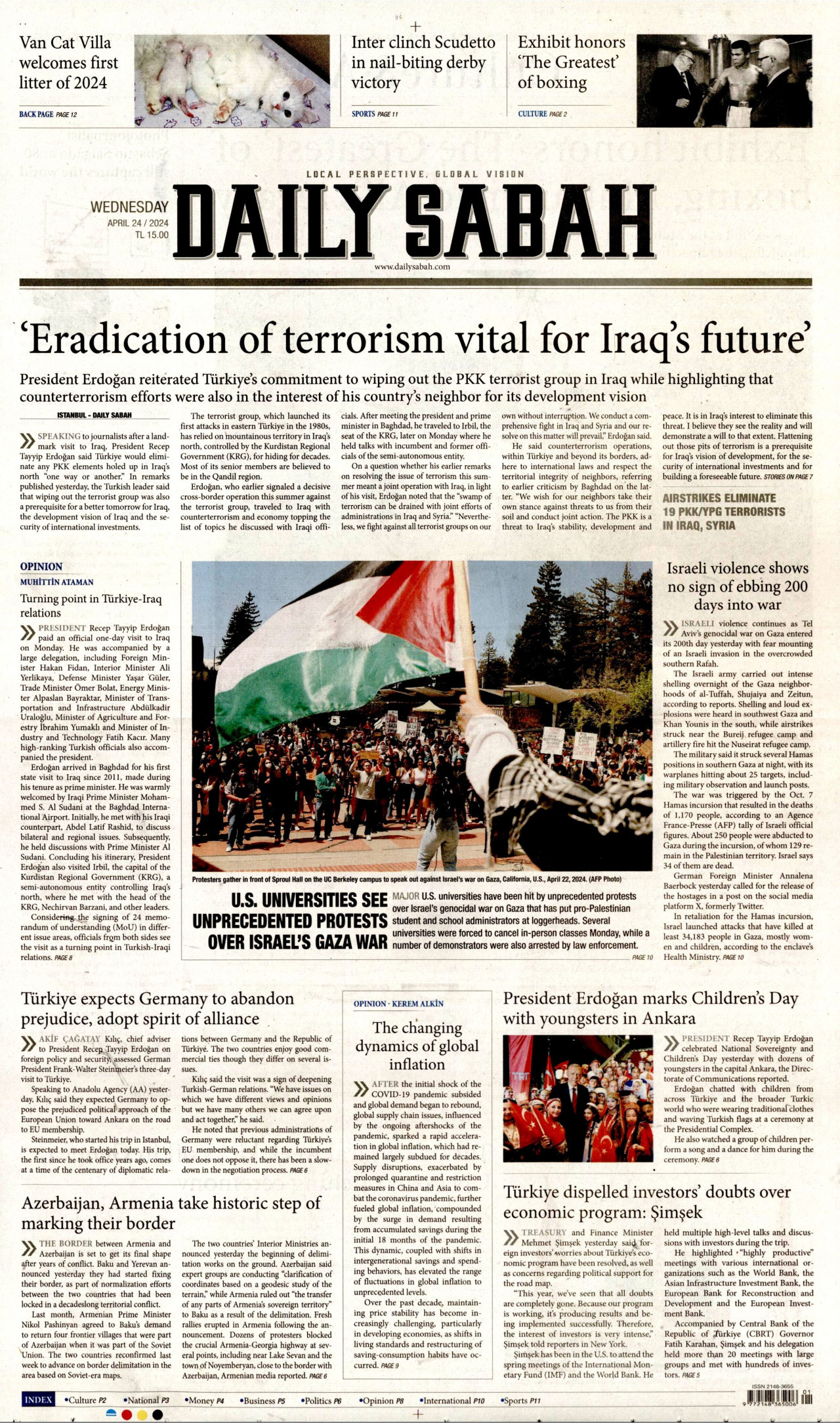 DAİLY SABAH gazetesinin 24 Nisan 2024 tarihli birinci sayfası