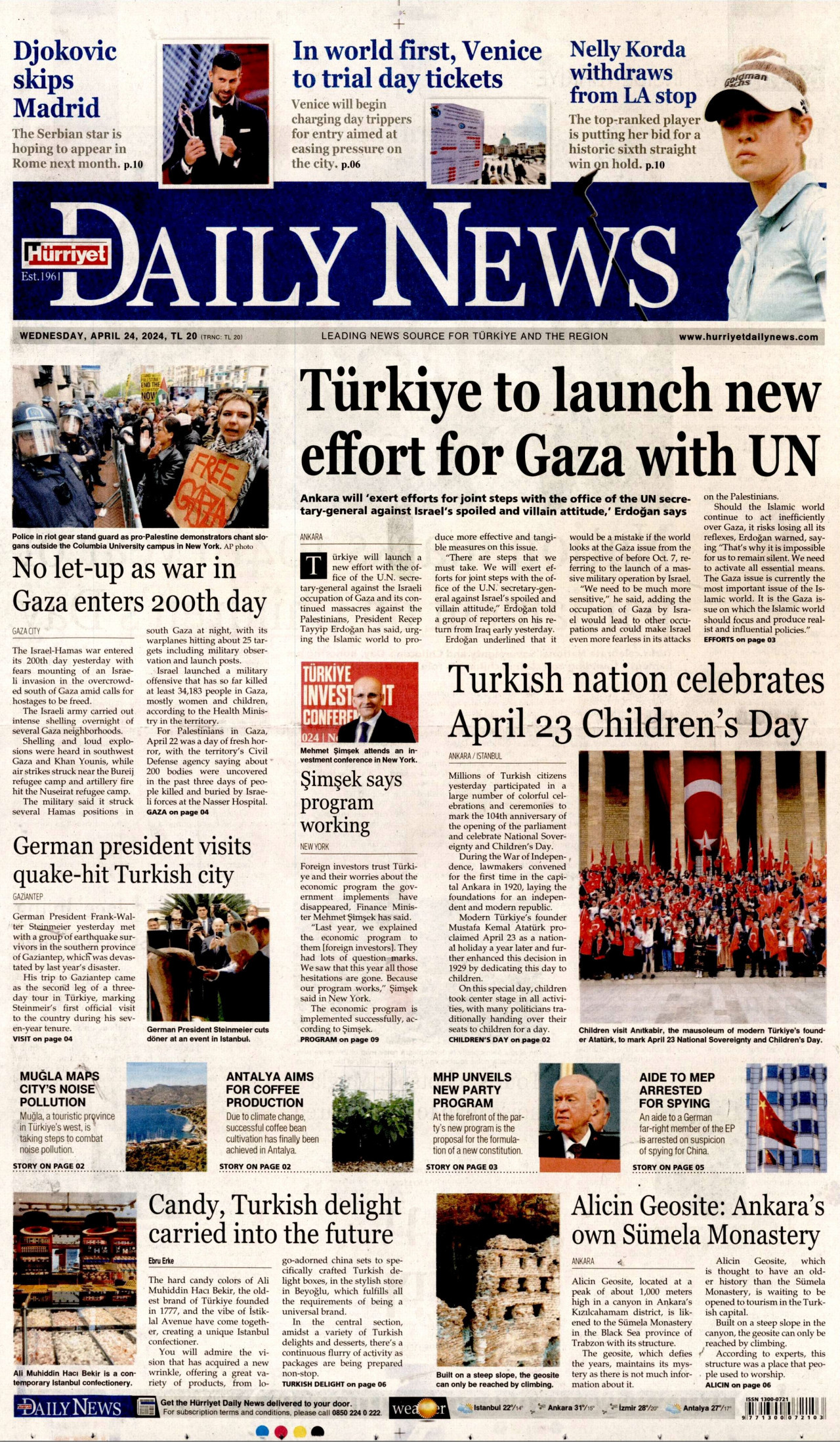 HÜRRİYET DAİLY NEWS gazetesinin 24 Nisan 2024 tarihli birinci sayfası