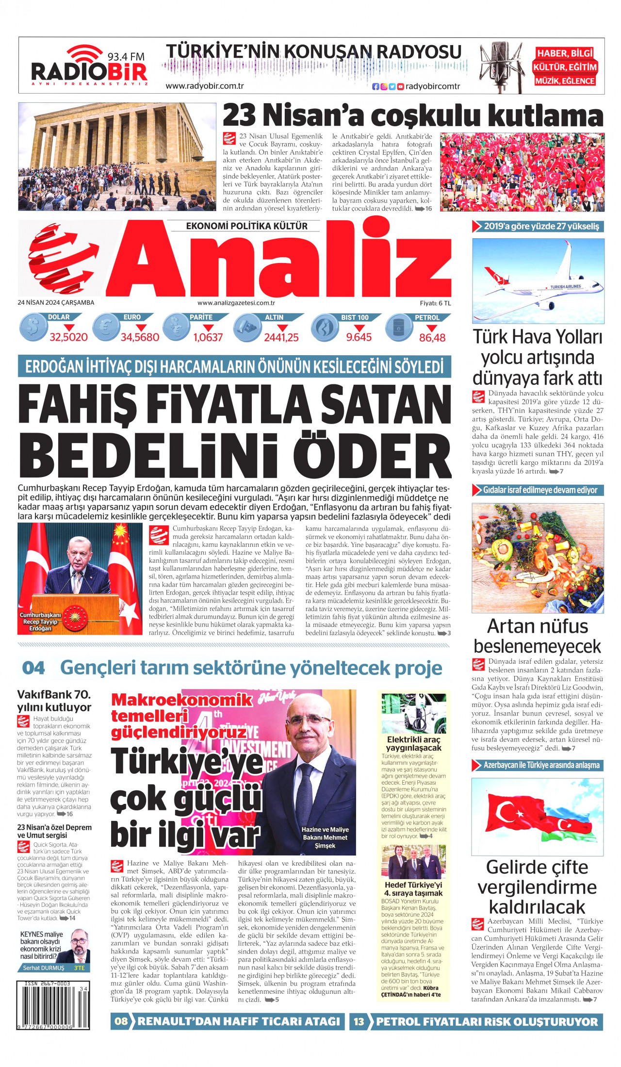ANALİZ gazetesinin 24 Nisan 2024 tarihli birinci sayfası