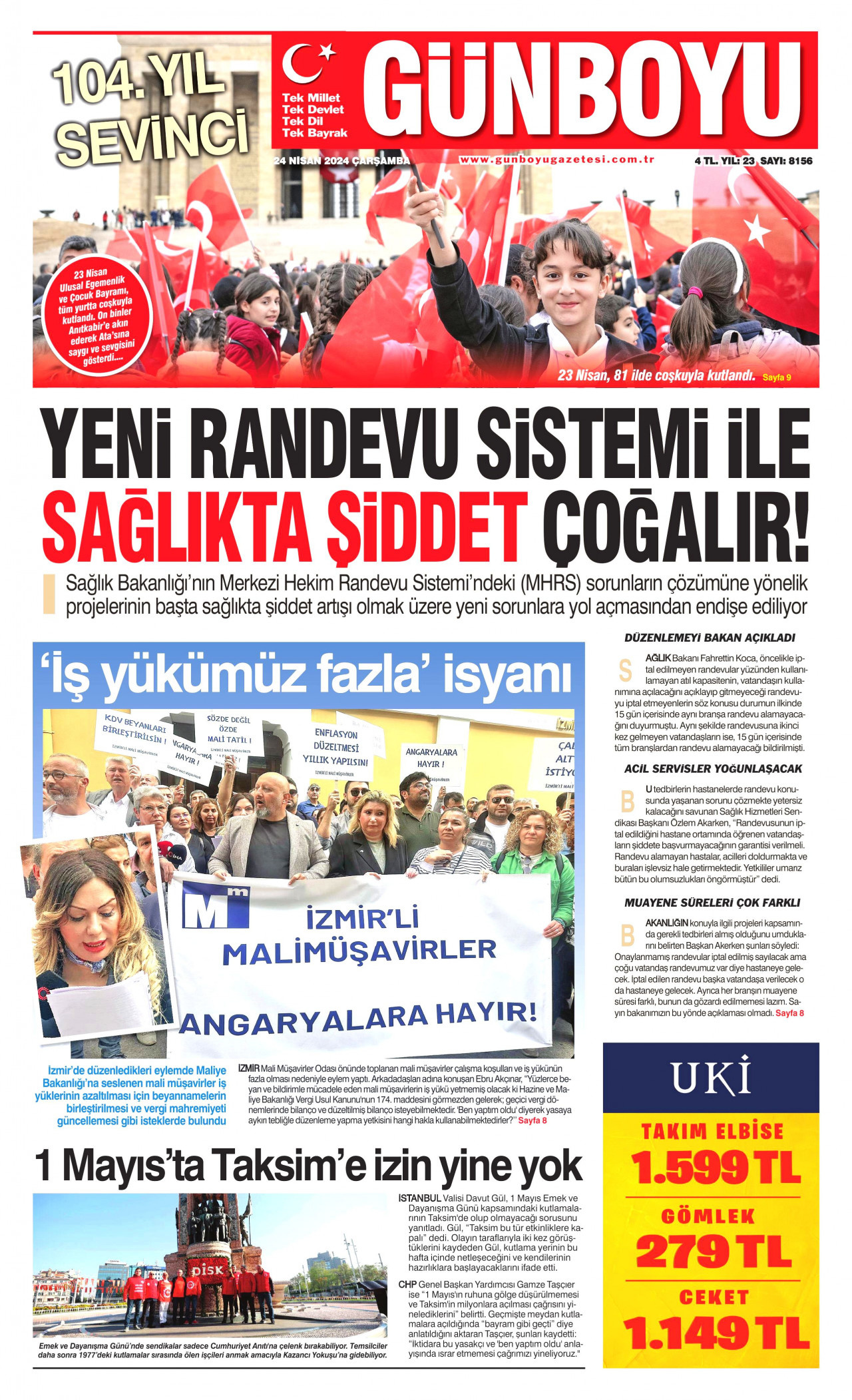 GÜNBOYU gazetesinin 24 Nisan 2024 tarihli birinci sayfası