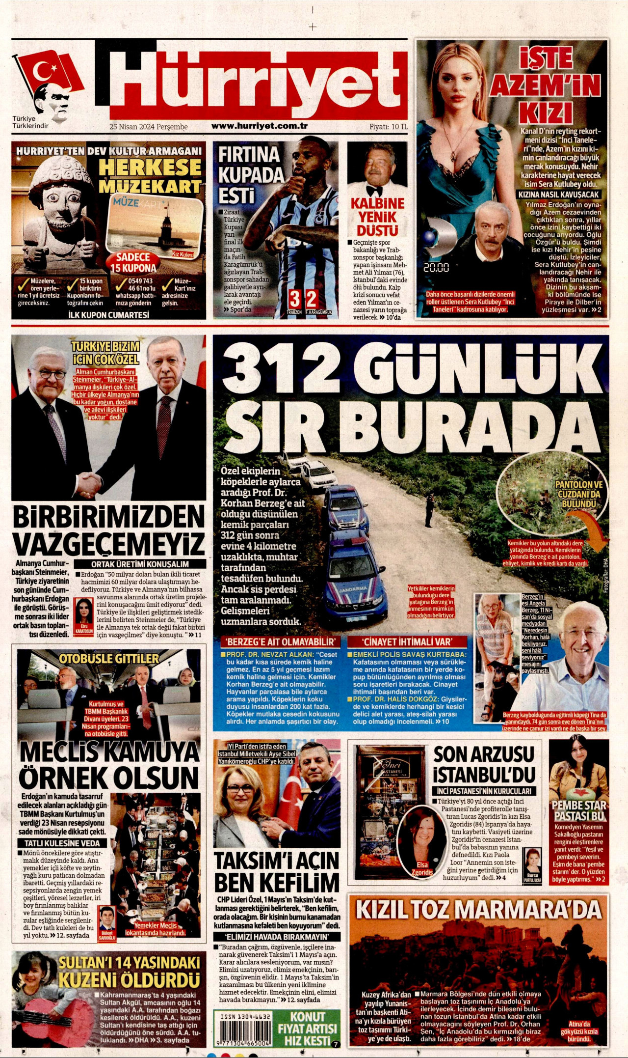 HÜRRİYET gazetesinin 25 Nisan 2024 tarihli birinci sayfası