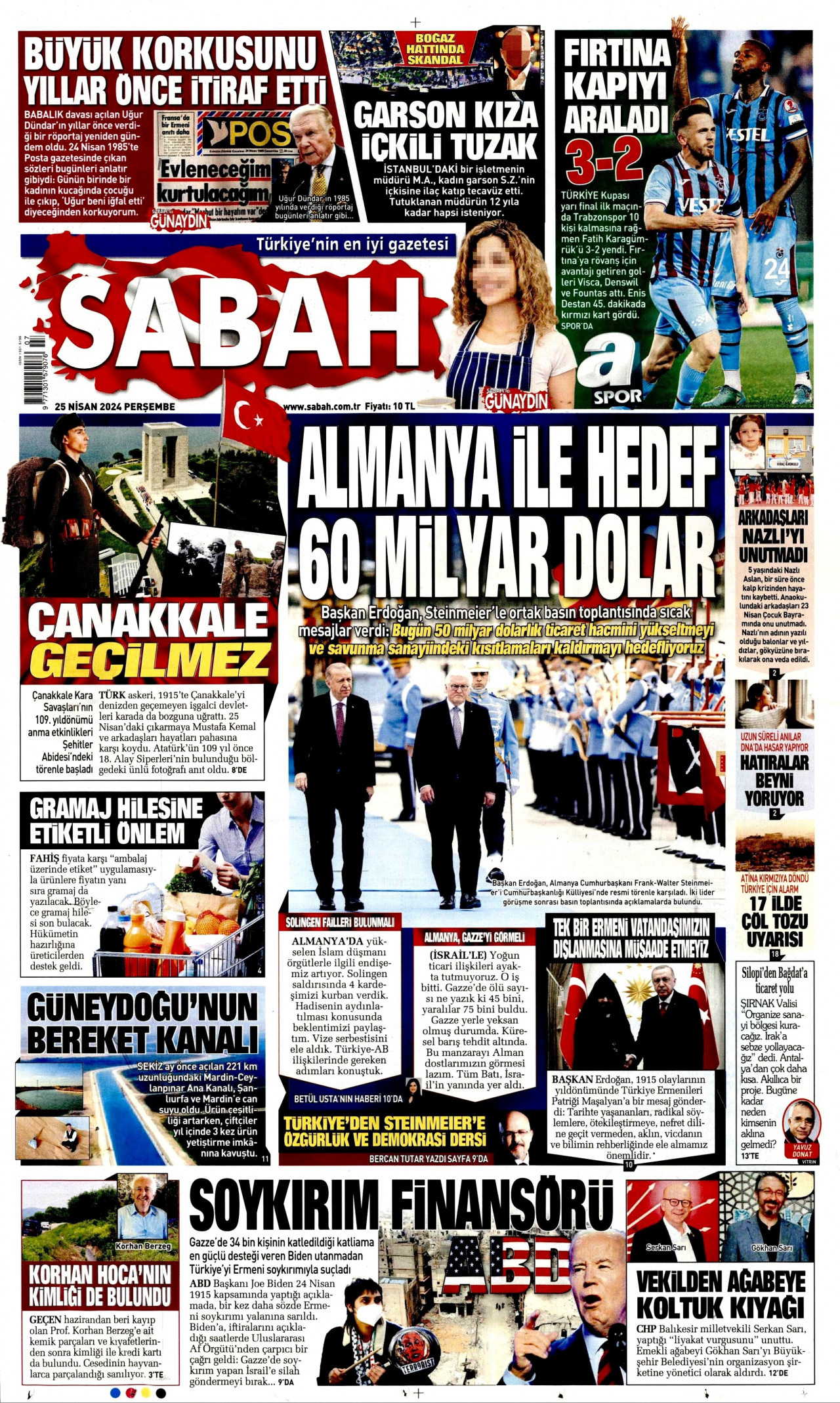 SABAH gazetesinin 25 Nisan 2024 tarihli birinci sayfası