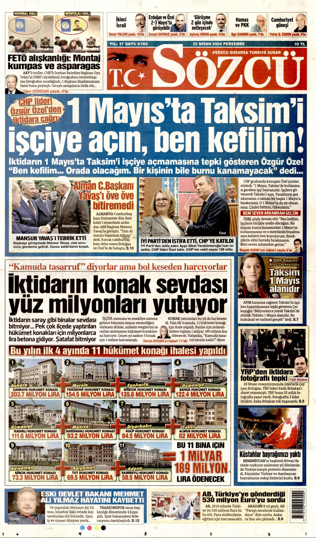 SÖZCÜ gazetesinin 25 Nisan 2024 tarihli birinci sayfası