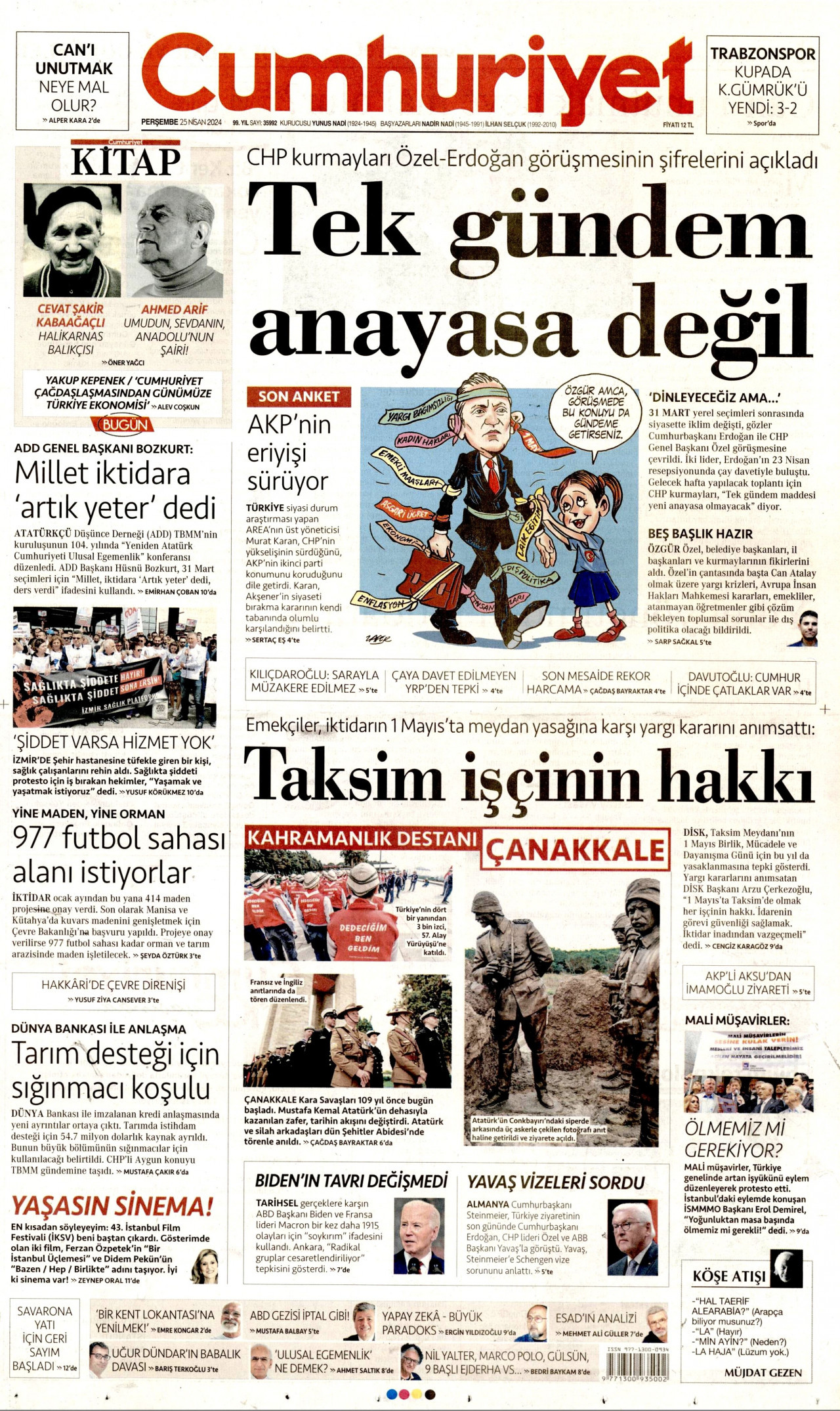 CUMHURİYET gazetesinin 25 Nisan 2024 tarihli birinci sayfası