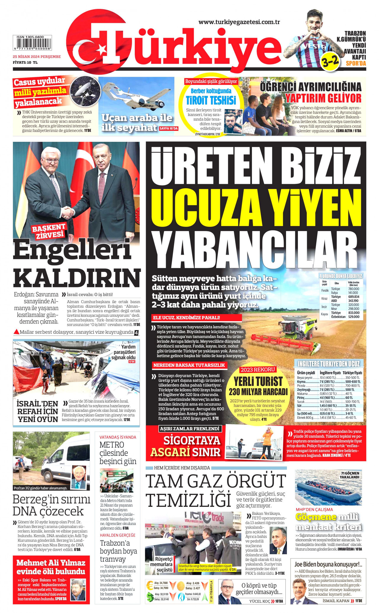 TÜRKİYE GAZETESİ gazetesinin 25 Nisan 2024 tarihli birinci sayfası