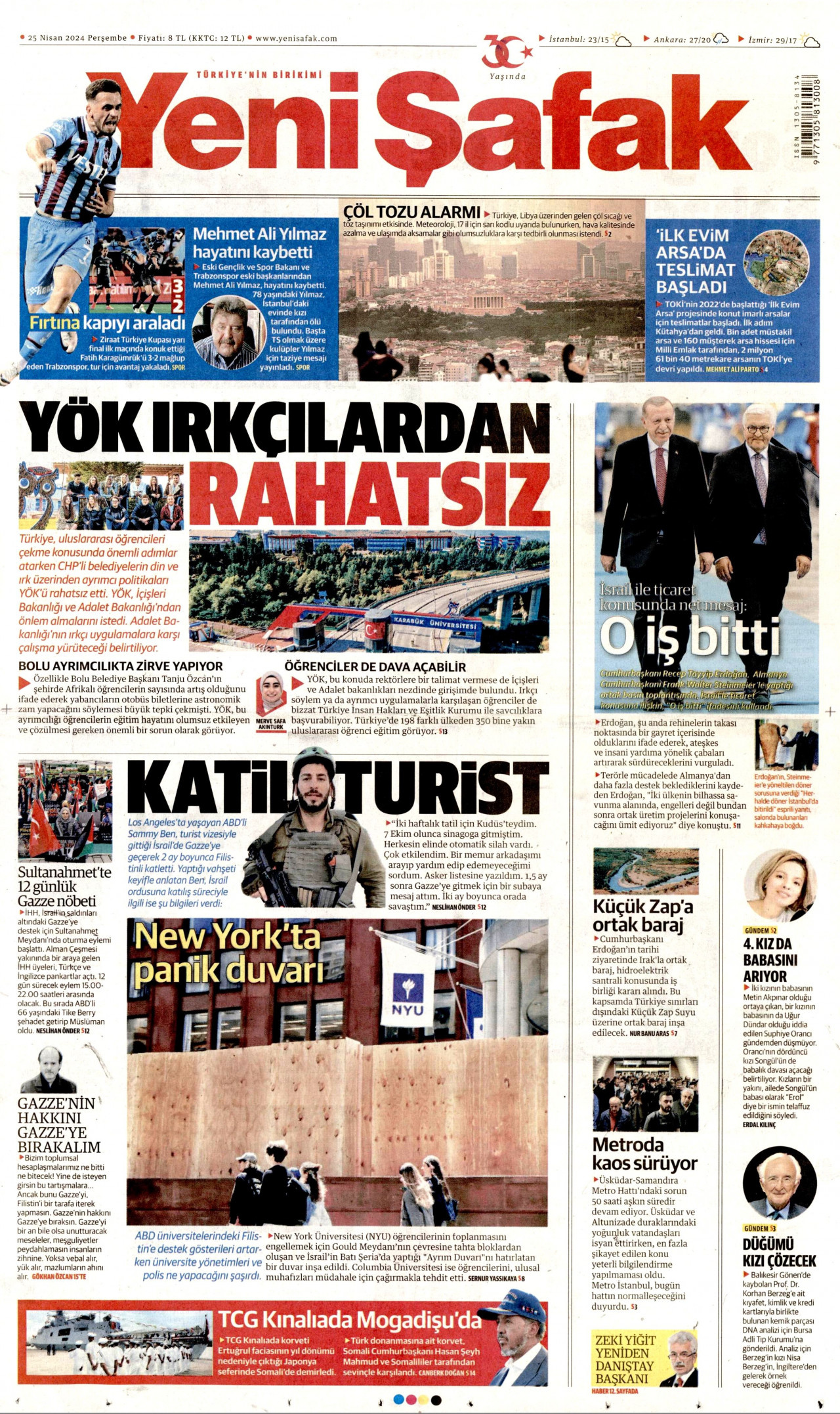 YENİ ŞAFAK gazetesinin 25 Nisan 2024 tarihli birinci sayfası