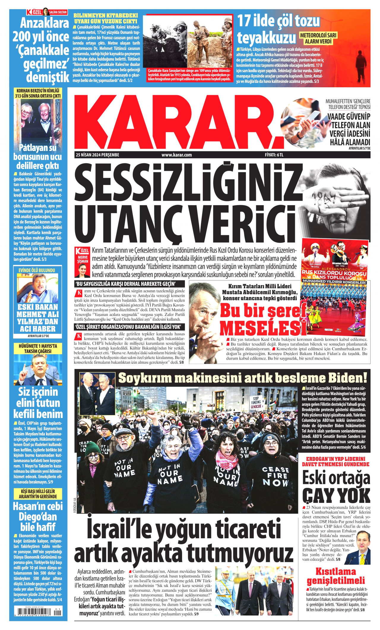 KARAR gazetesinin 25 Nisan 2024 tarihli birinci sayfası