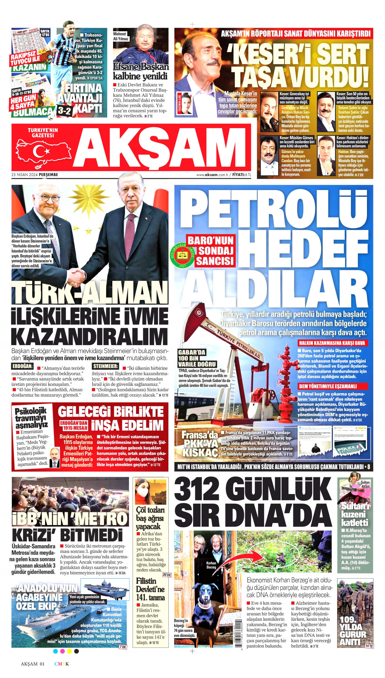 AKŞAM gazetesinin 25 Nisan 2024 tarihli birinci sayfası