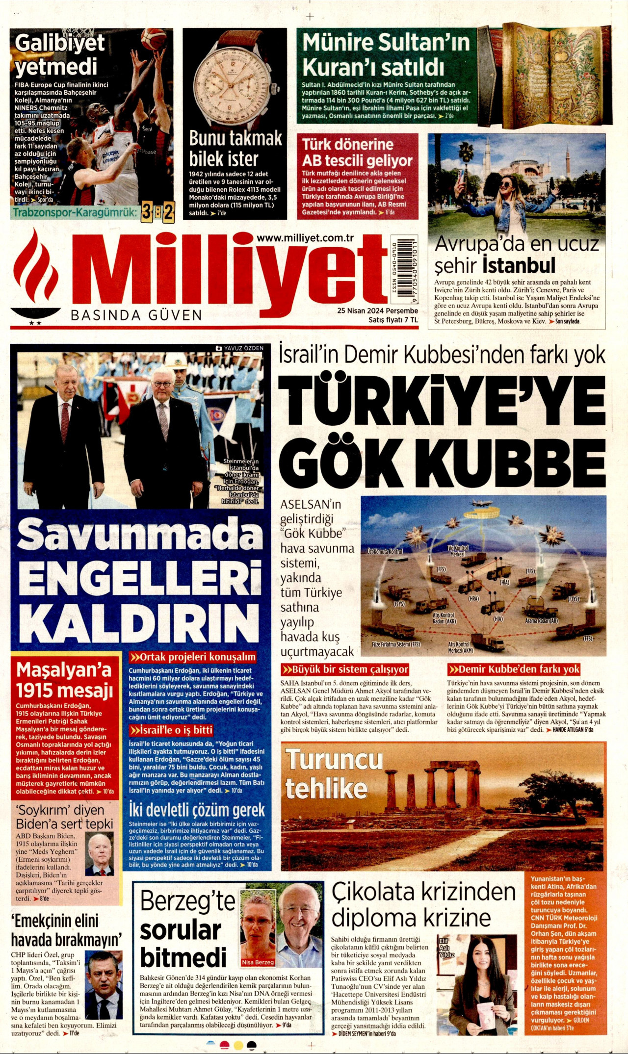 MİLLİYET gazetesinin 25 Nisan 2024 tarihli birinci sayfası