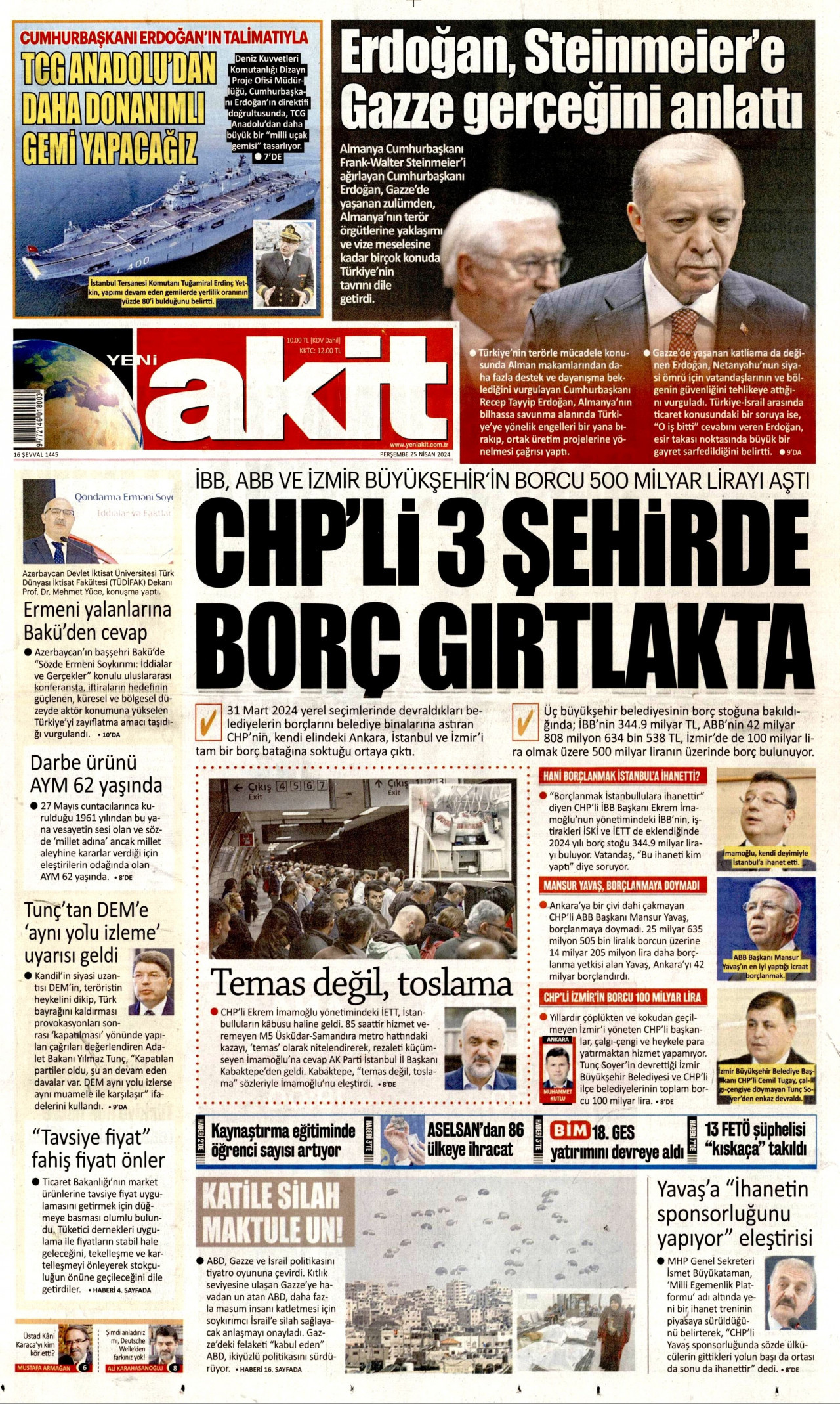 YENİ AKİT gazetesinin 25 Nisan 2024 tarihli birinci sayfası