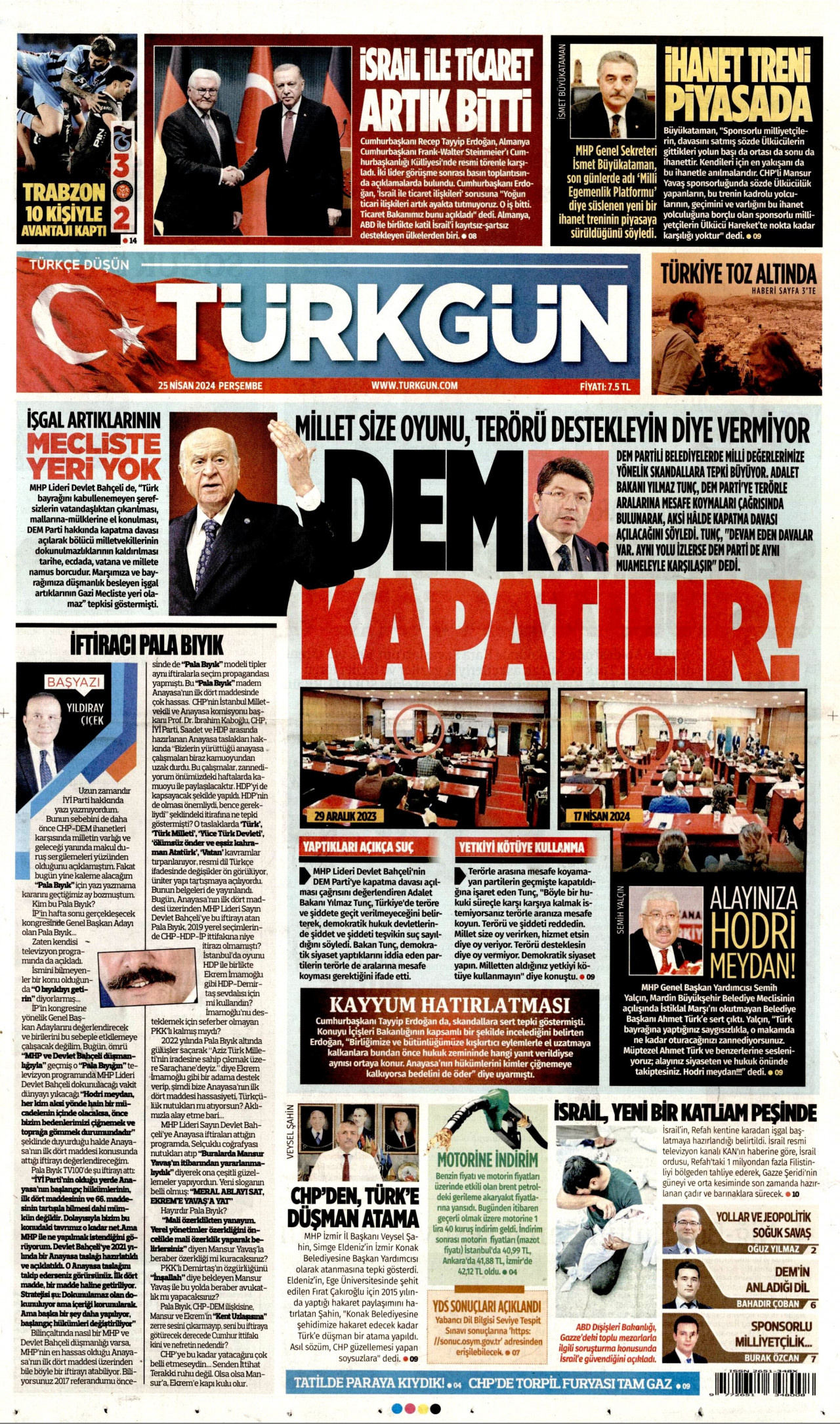 TÜRKGÜN gazetesinin 25 Nisan 2024 tarihli birinci sayfası