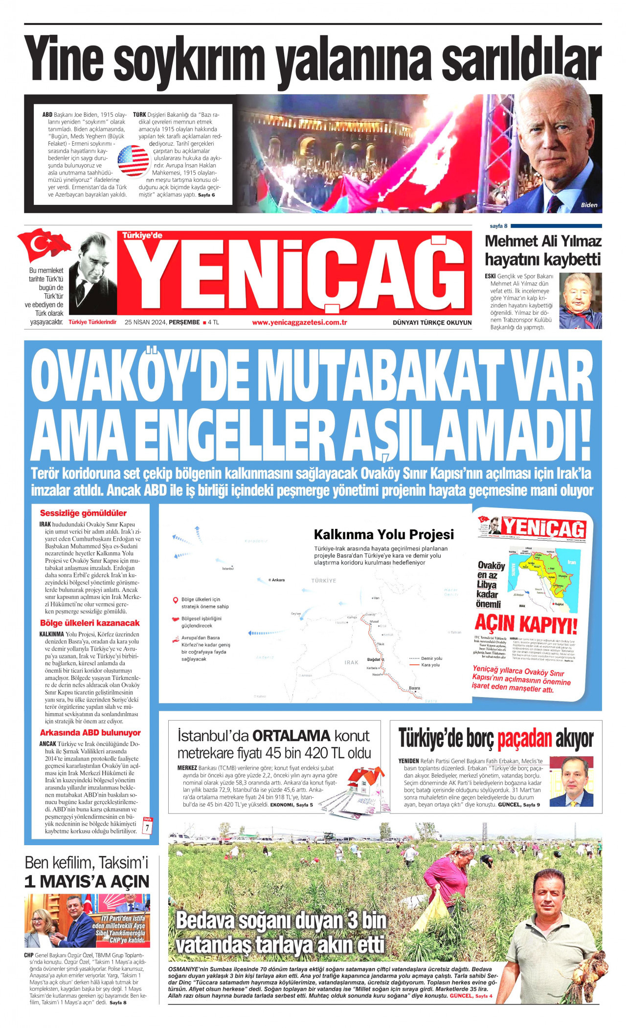 YENİÇAĞ gazetesinin 25 Nisan 2024 tarihli birinci sayfası